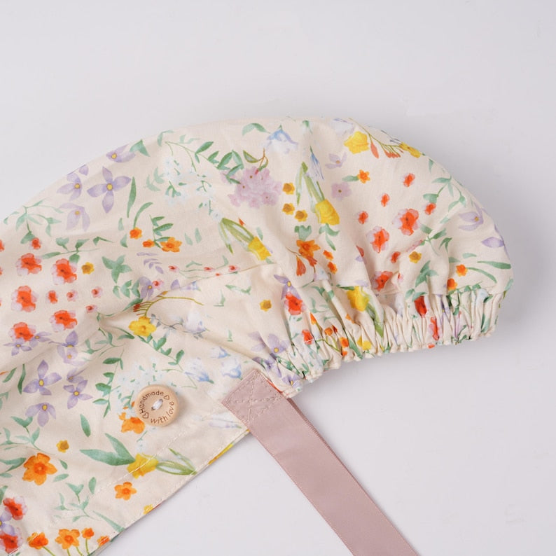 Beige Botanical Floral Surgical Hat, Women Ponytail Cap with Sweatband & Buttons, Cotton Scrub Cap, OR Hat, Multipurpose,Fall