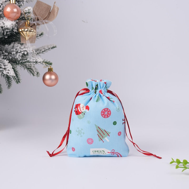 Light Blue Christmas Drawstring Gift Bag,Santa,Snow,Holly Print,Double-layer Fabric Storage Bag