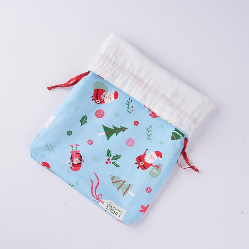 Light Blue Christmas Drawstring Gift Bag,Santa,Snow,Holly Print,Double-layer Fabric Storage Bag
