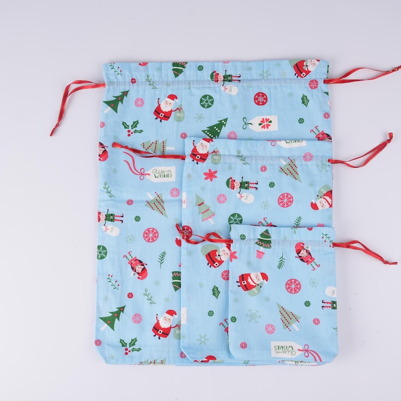 Light Blue Christmas Drawstring Gift Bag,Santa,Snow,Holly Print,Double-layer Fabric Storage Bag