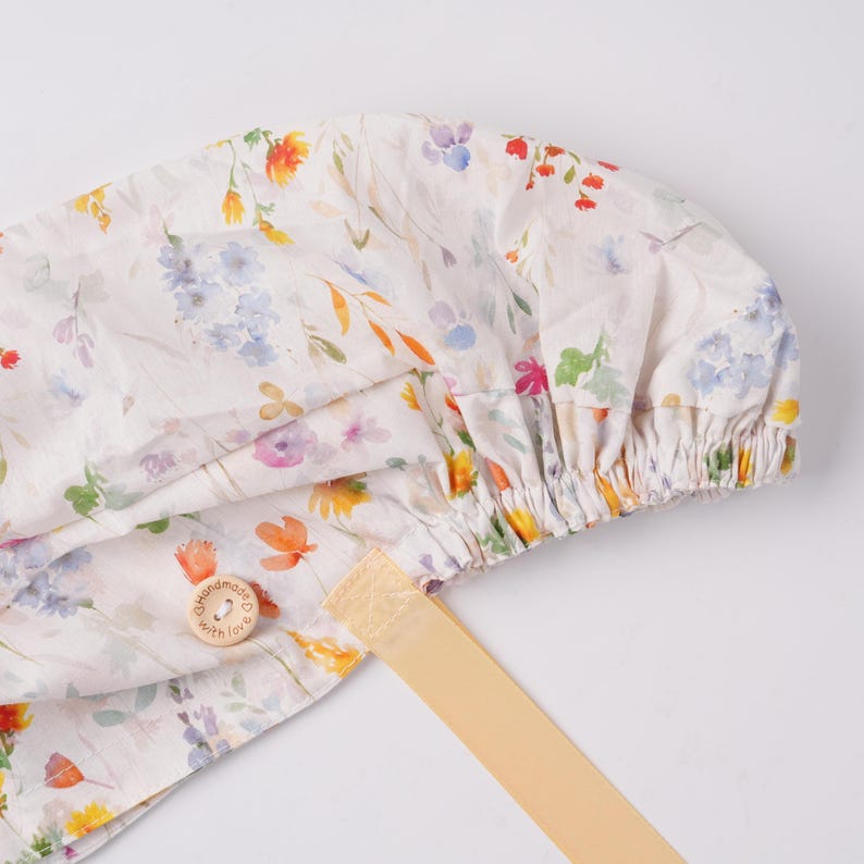 Watercolor Wildflowers Ponytail Scrub Cap, Surgical Hat with Buttons & Sweat Band, Women OR Hat, Autumn Scrub Cap