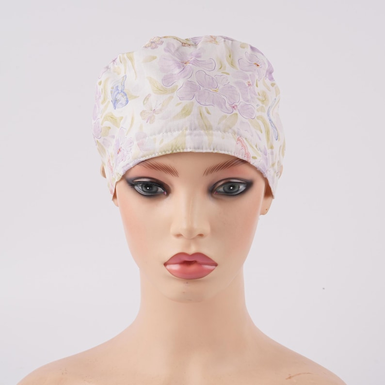 Watercolor Flower Bufferflies Ponytail Scrub Cap Sweatband & Buttons Lt.Purple Women Surgical Cap Dr Nurse Medical Hat Handmade