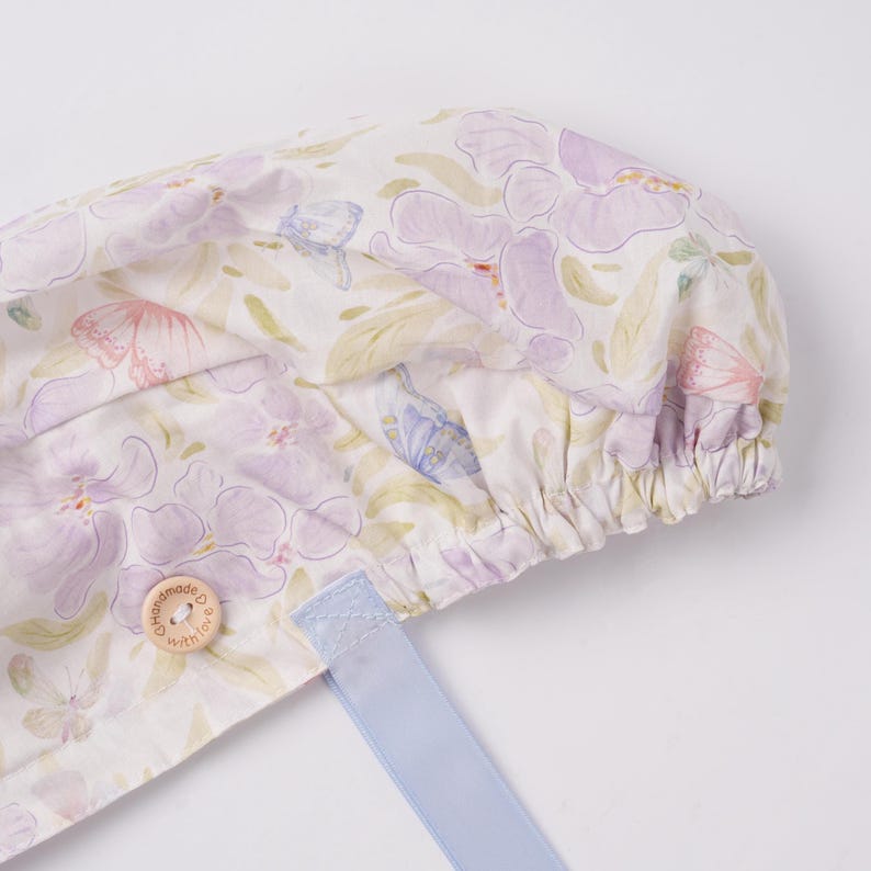 Watercolor Flower Bufferflies Ponytail Scrub Cap Sweatband & Buttons Lt.Purple Women Surgical Cap Dr Nurse Medical Hat Handmade