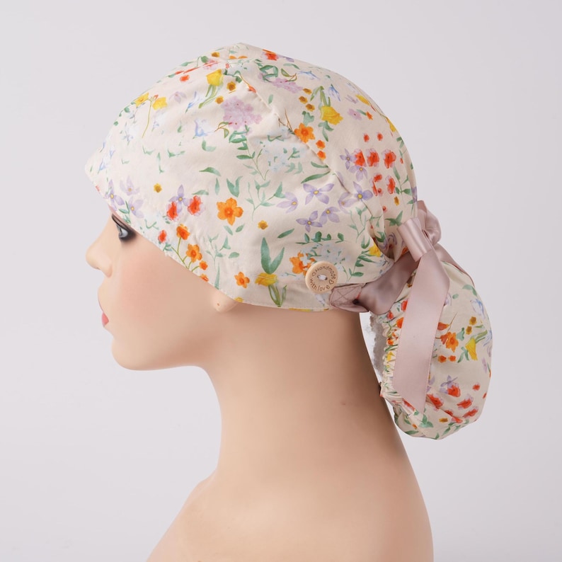 Beige Botanical Floral Surgical Hat, Women Ponytail Cap with Sweatband & Buttons, Cotton Scrub Cap, OR Hat, Multipurpose,Fall