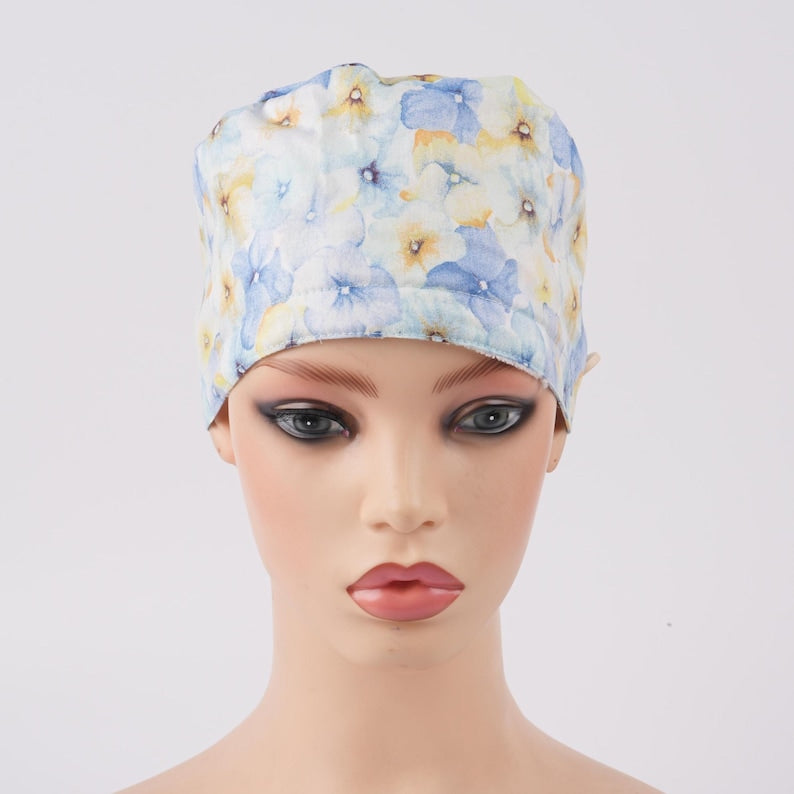 Women Ponytail Scrub Cap Yellow & Blue Pastel Floral Surgical Cap with Sweatband Buttons Dr Nurse Handmade OR Hat
