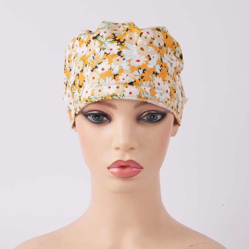 Yellow Blooming Flowers Scrub Cap Women Ponytail Cap with Sweatband & Buttons OR Surgical Hat Healthcare