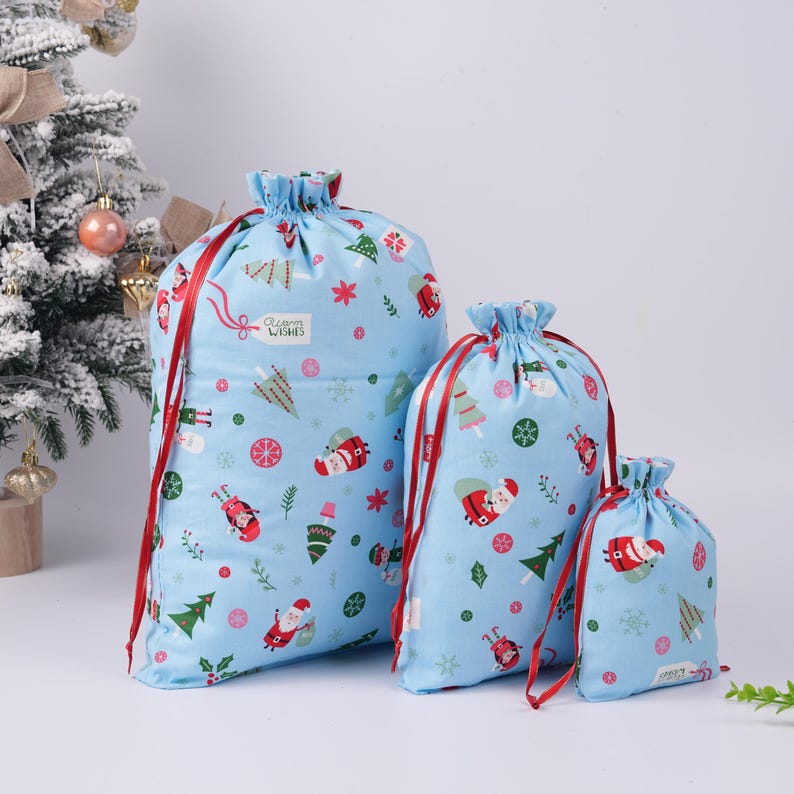 Light Blue Christmas Drawstring Gift Bag,Santa,Snow,Holly Print,Double-layer Fabric Storage Bag