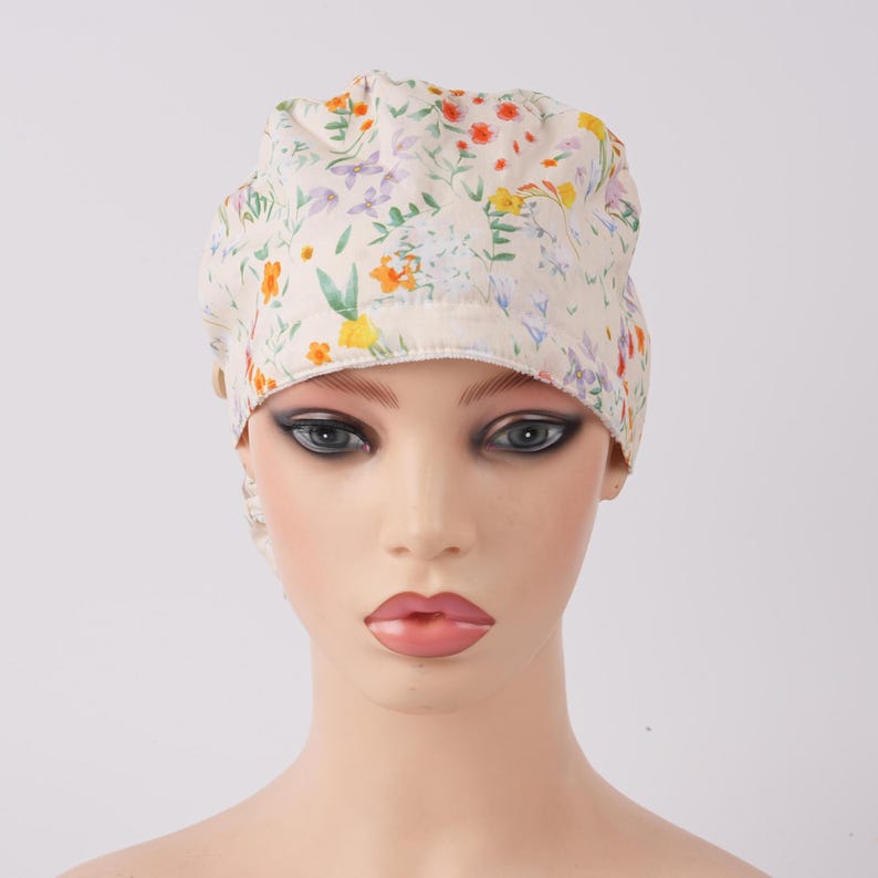 Beige Botanical Floral Surgical Hat, Women Ponytail Cap with Sweatband & Buttons, Cotton Scrub Cap, OR Hat, Multipurpose,Fall