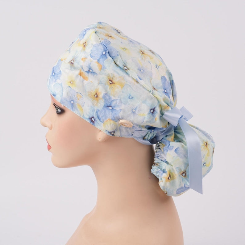Women Ponytail Scrub Cap Yellow & Blue Pastel Floral Surgical Cap with Sweatband Buttons Dr Nurse Handmade OR Hat