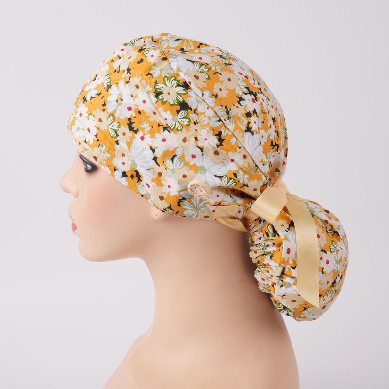 Yellow Blooming Flowers Scrub Cap Women Ponytail Cap with Sweatband & Buttons OR Surgical Hat Healthcare