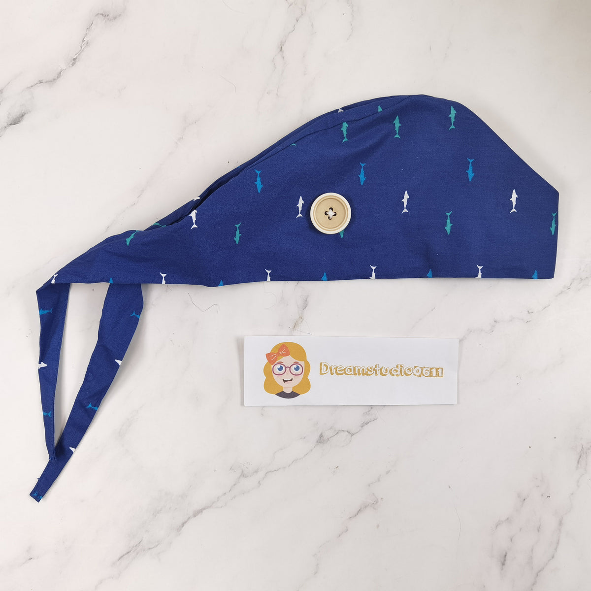 Navy Fish Pattern Scrub Cap - Tie-back Style OR Hat
