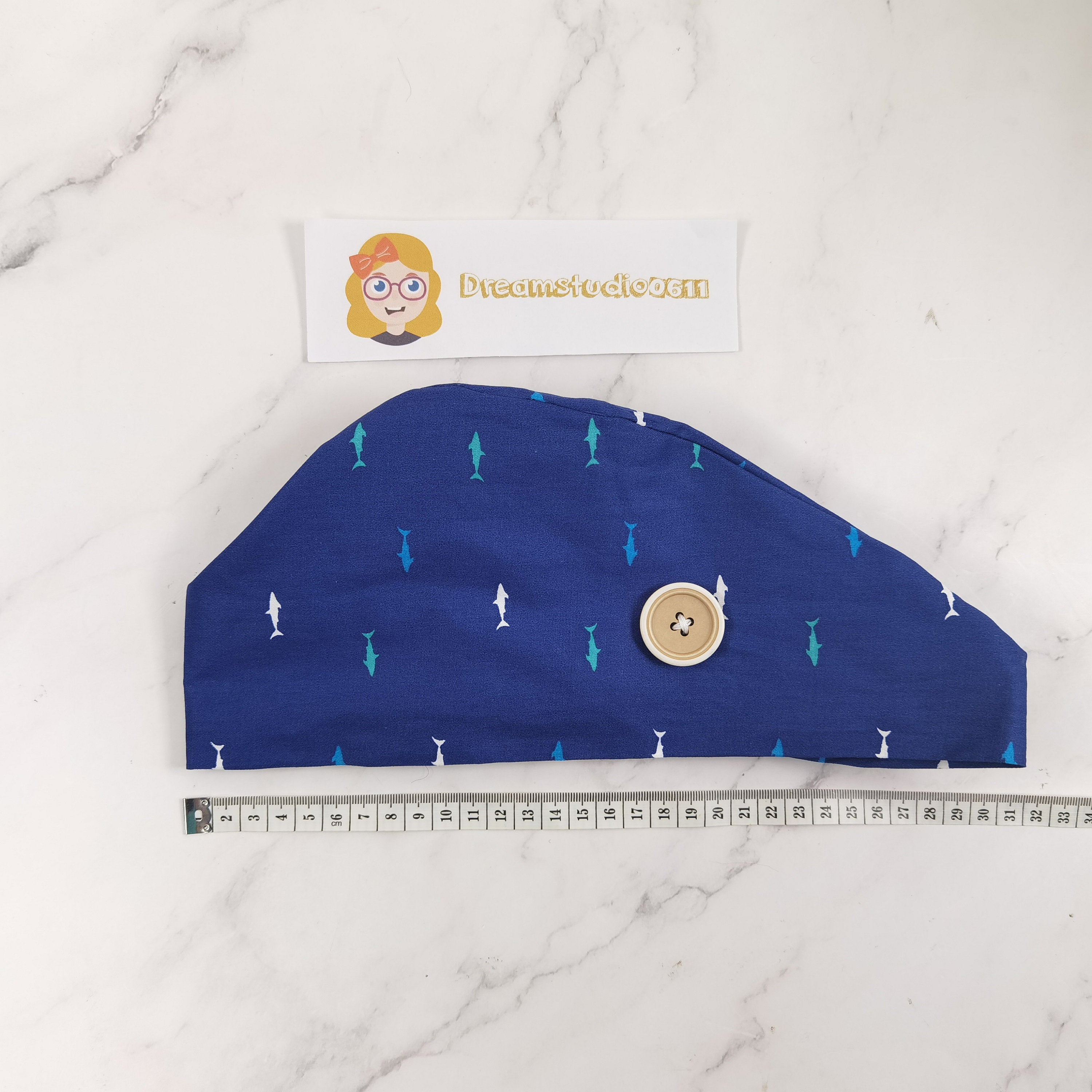 Navy Fish Pattern Scrub Cap - Tie-back Style OR Hat