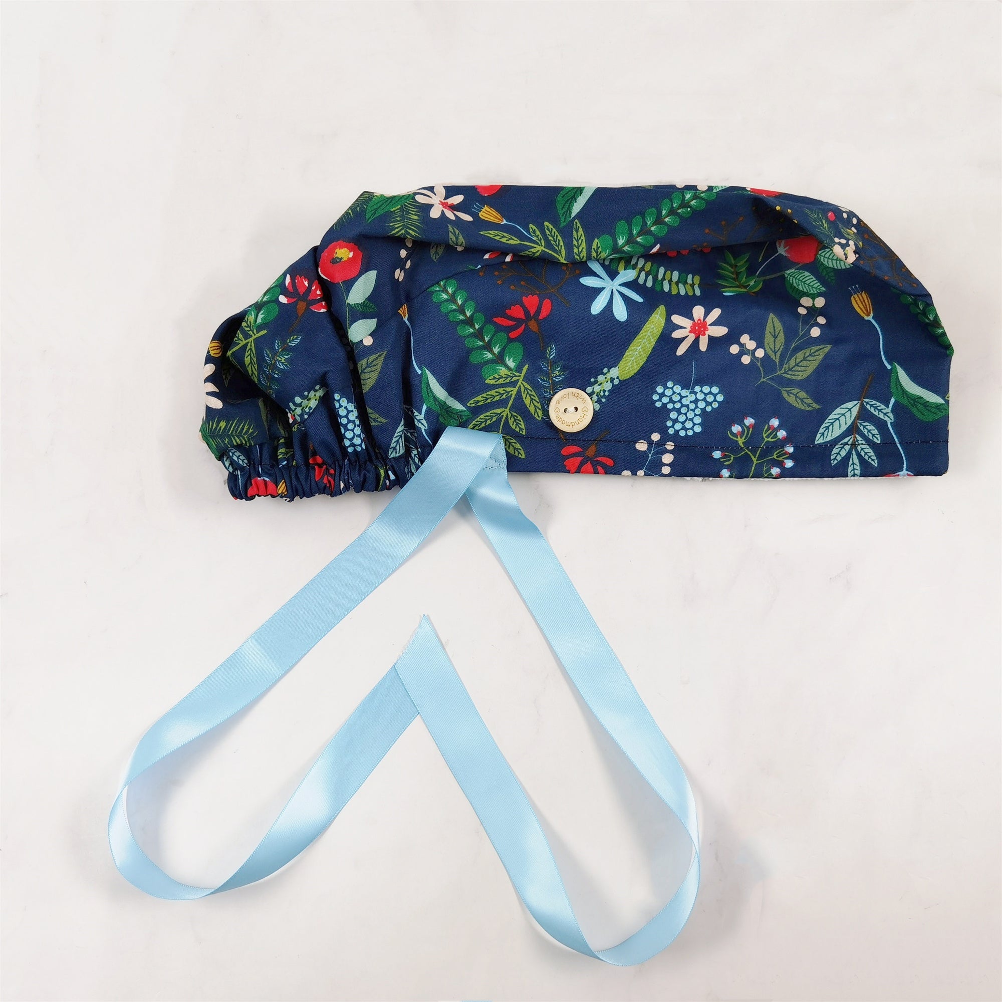 Navy Cotton Ponytail Scrub Cap, Red Flower & Green Plant Print,Blue Ribbon TIe