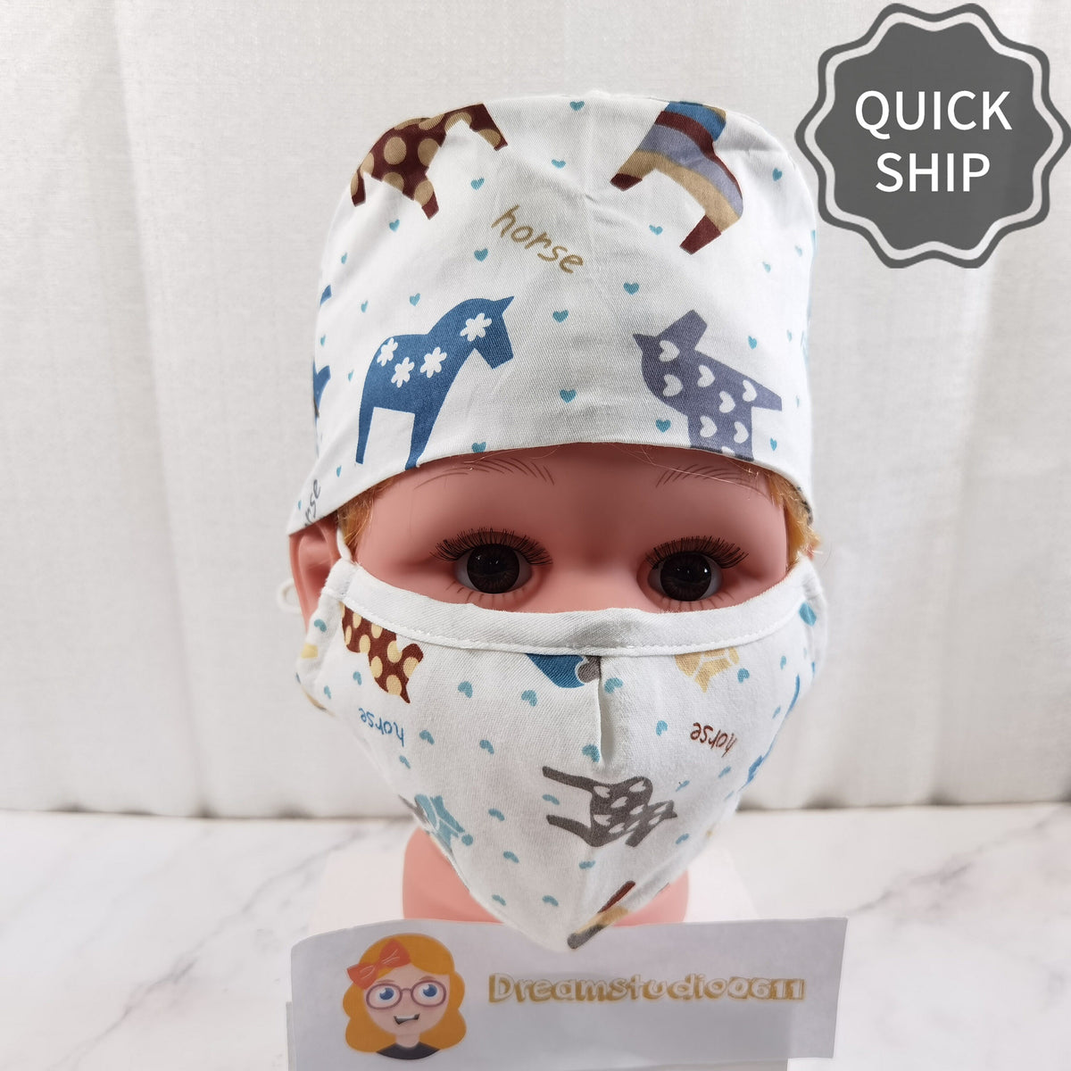 Soft Cotton Scrub Cap For Kids, Heart Horse Patern, Tie-back Style