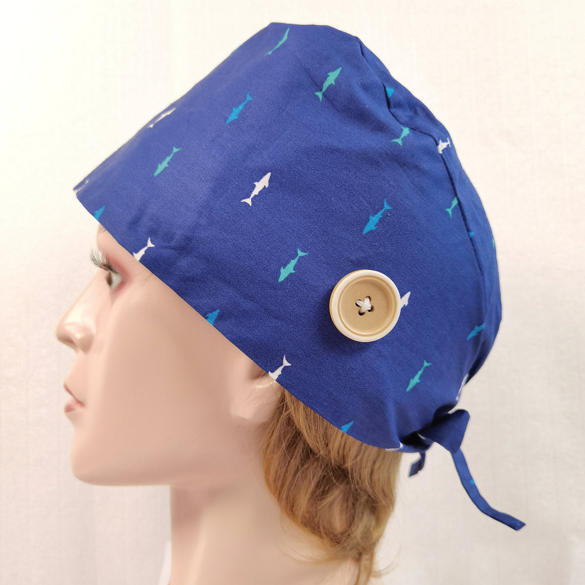 Navy Fish Pattern Scrub Cap - Tie-back Style OR Hat