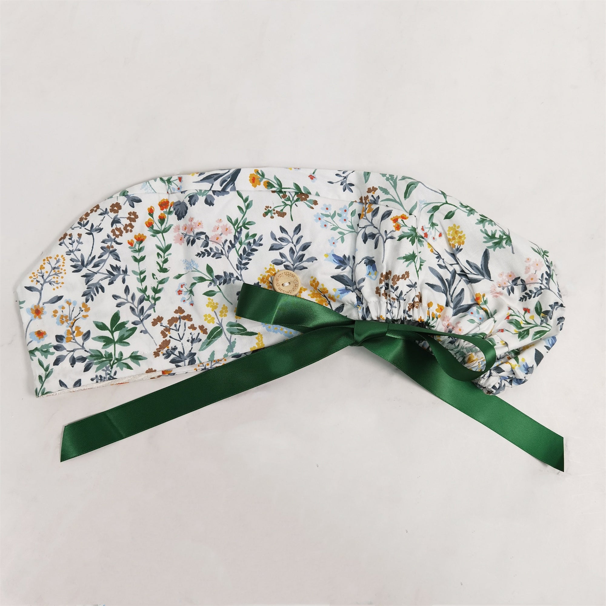 Flowers Plants Ponytail Scrub Cap with Green Ribbon Tie