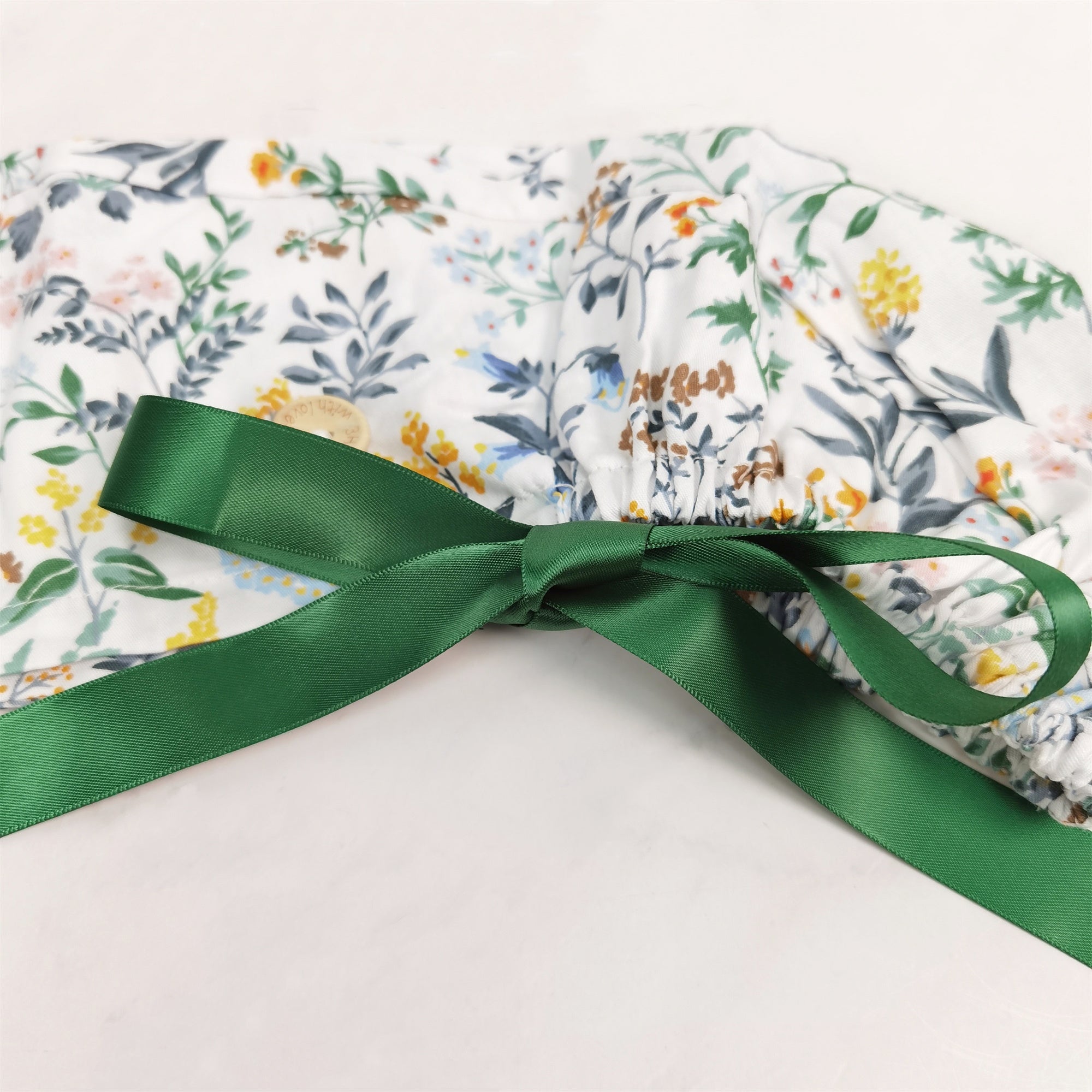 Flowers Plants Ponytail Scrub Cap with Green Ribbon Tie