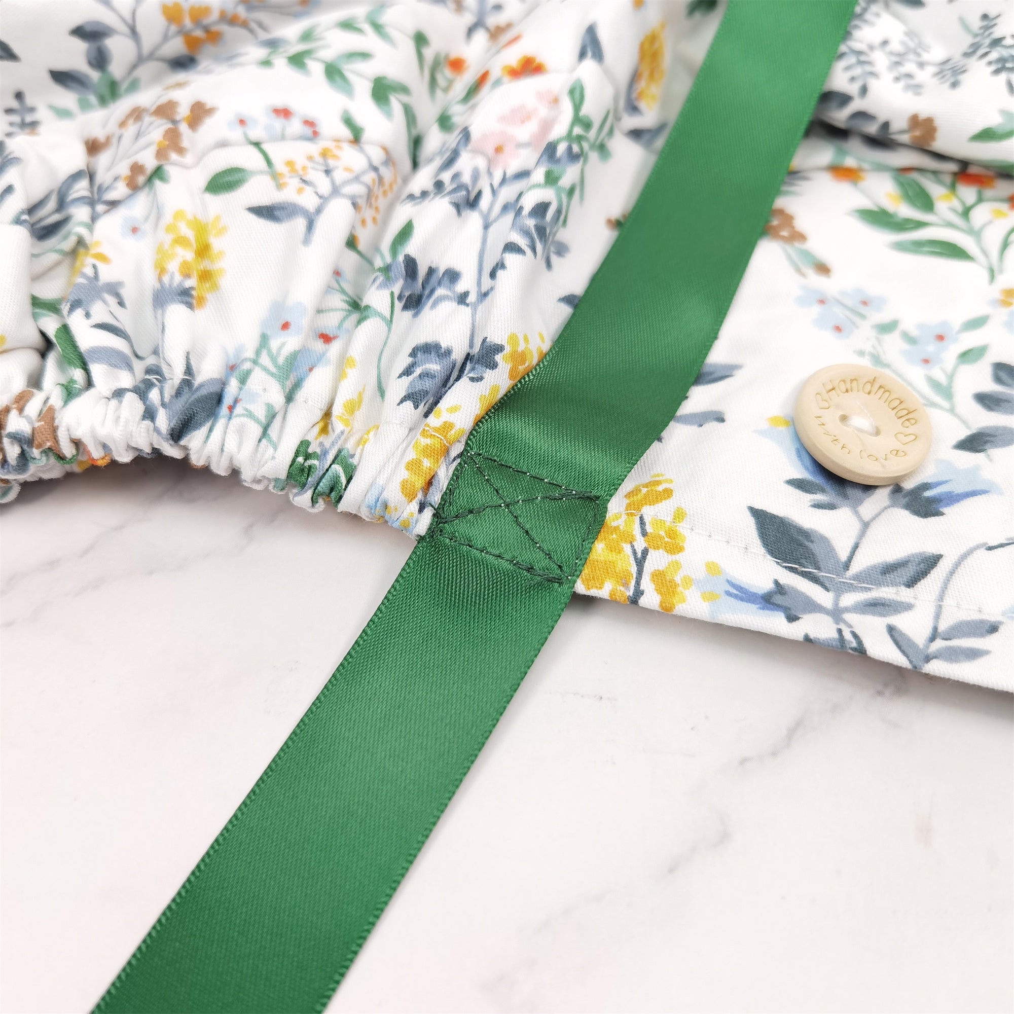 Flowers Plants Ponytail Scrub Cap with Green Ribbon Tie