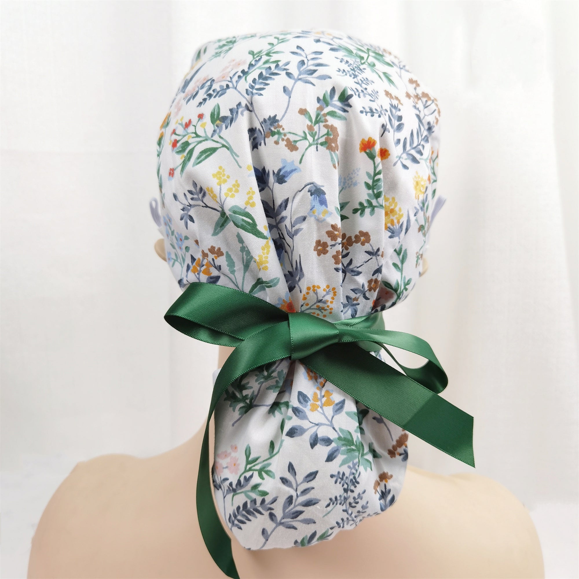 Flowers Plants Ponytail Scrub Cap with Green Ribbon Tie