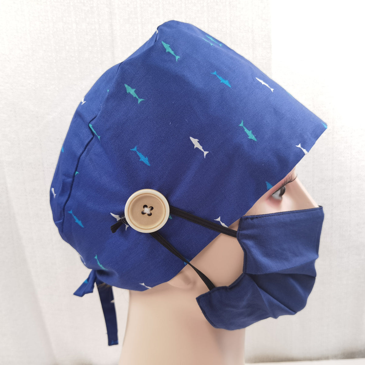 Navy Fish Pattern Scrub Cap - Tie-back Style OR Hat