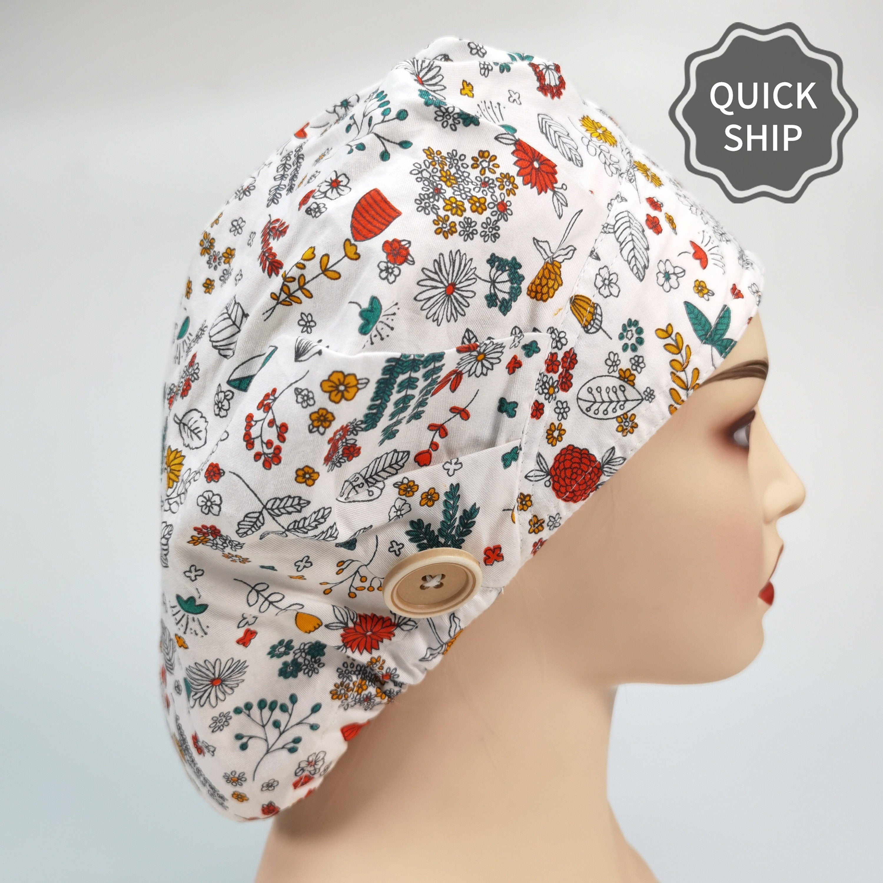Fully Flowers Print Bouffant Scrub Cap