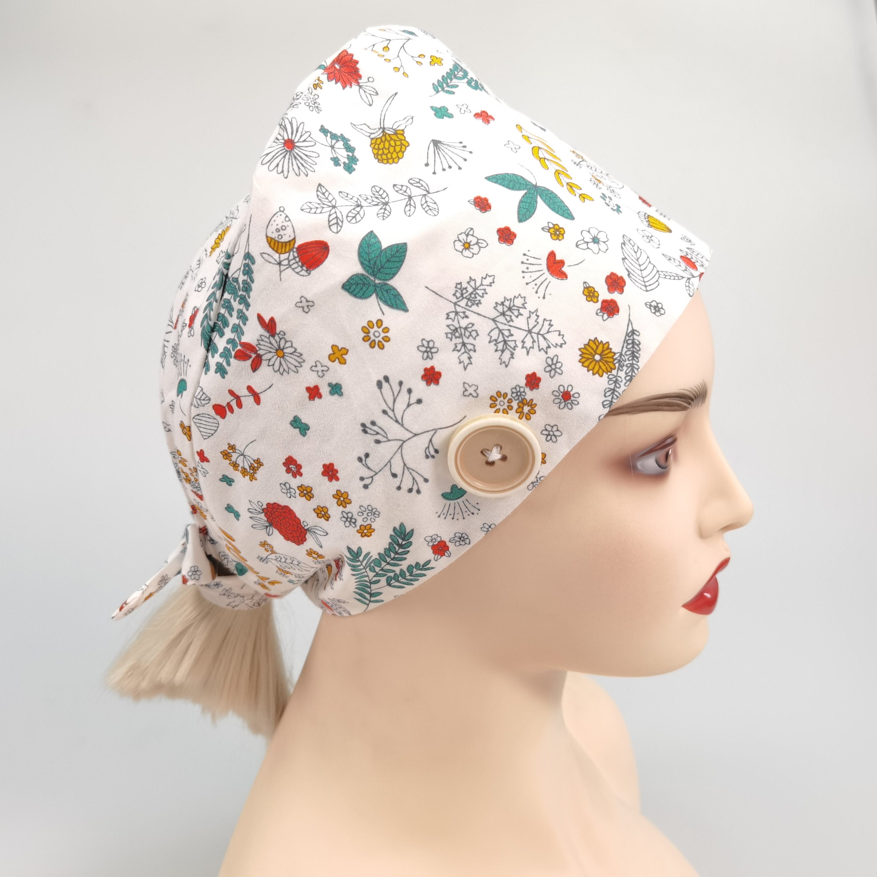 Red Floral Cotton Scrub Cap -Tie Back Style
