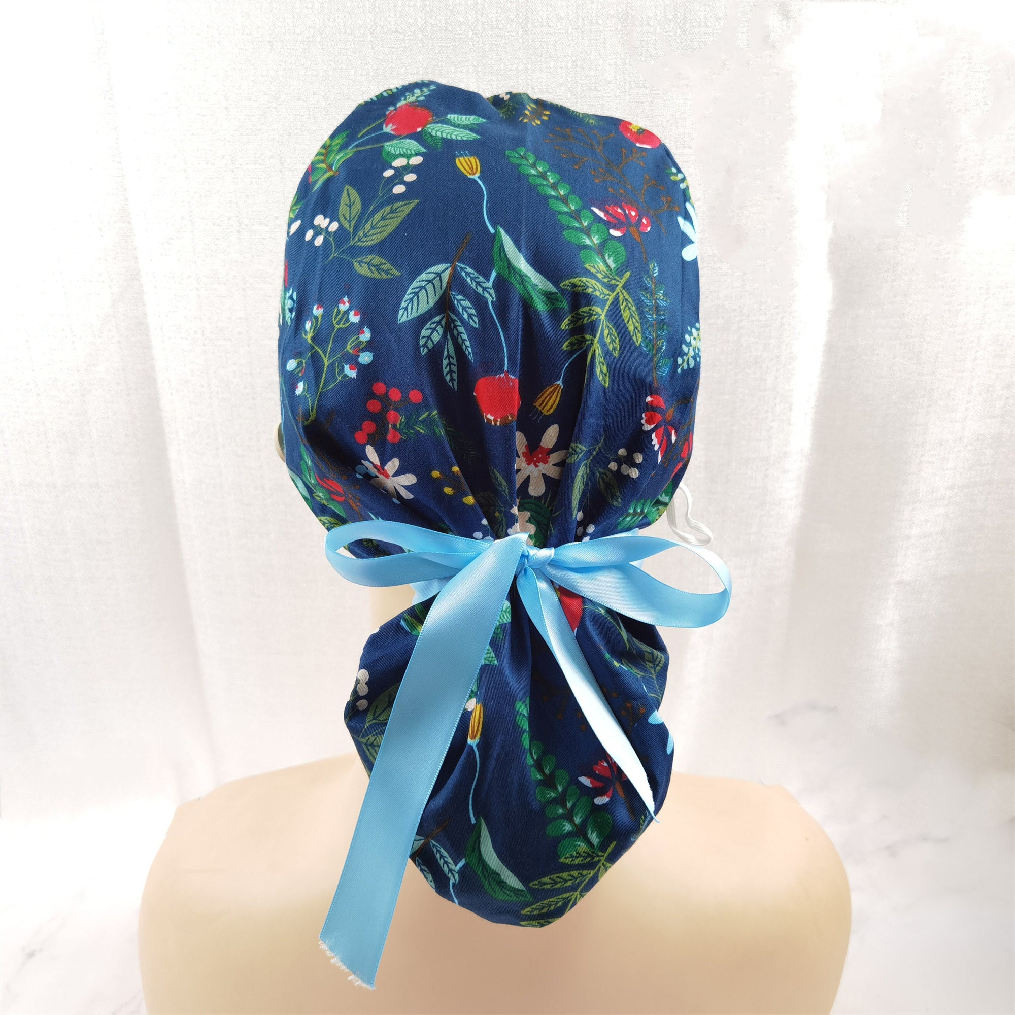Navy Cotton Ponytail Scrub Cap, Red Flower & Green Plant Print,Blue Ribbon TIe