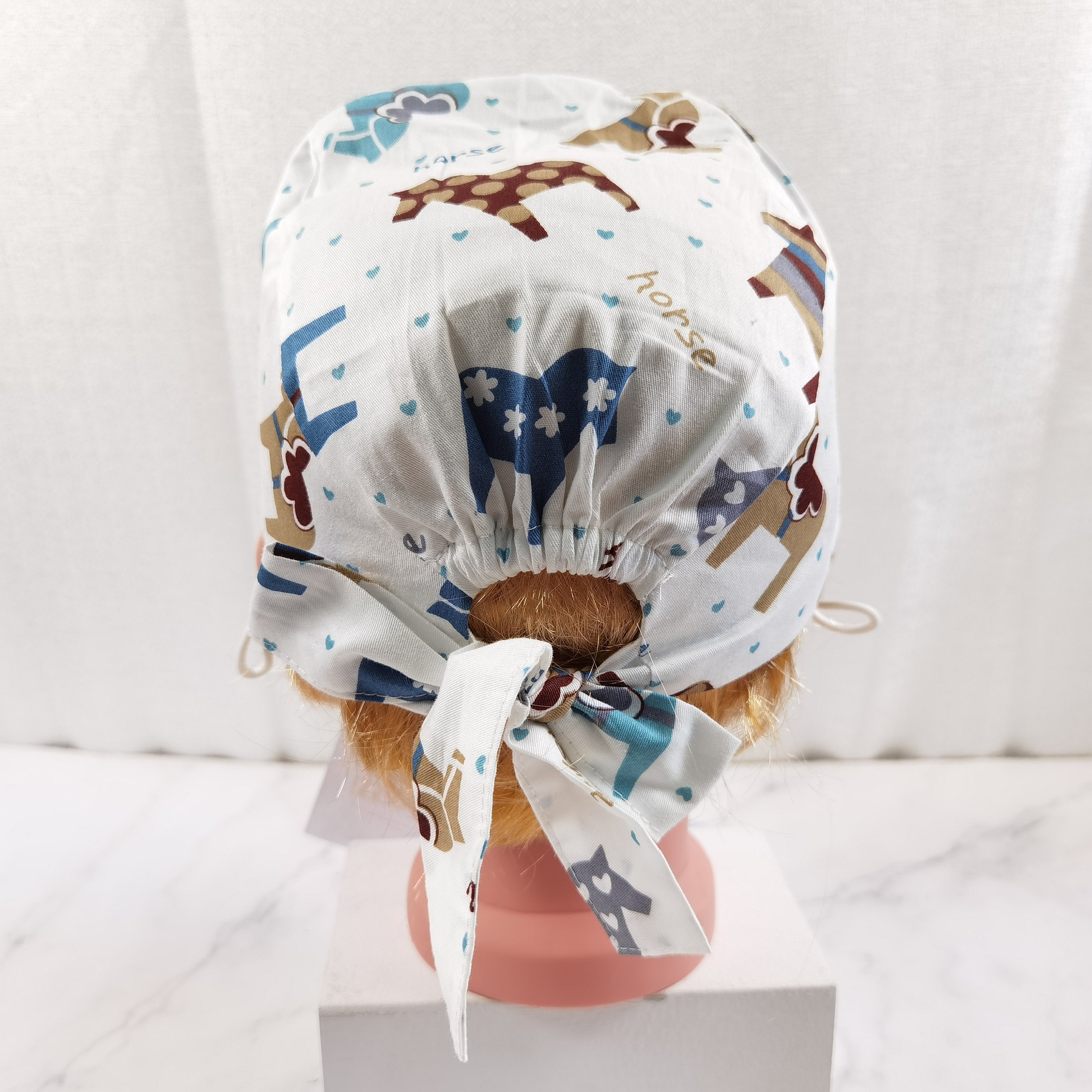 Soft Cotton Scrub Cap For Kids, Heart Horse Patern, Tie-back Style