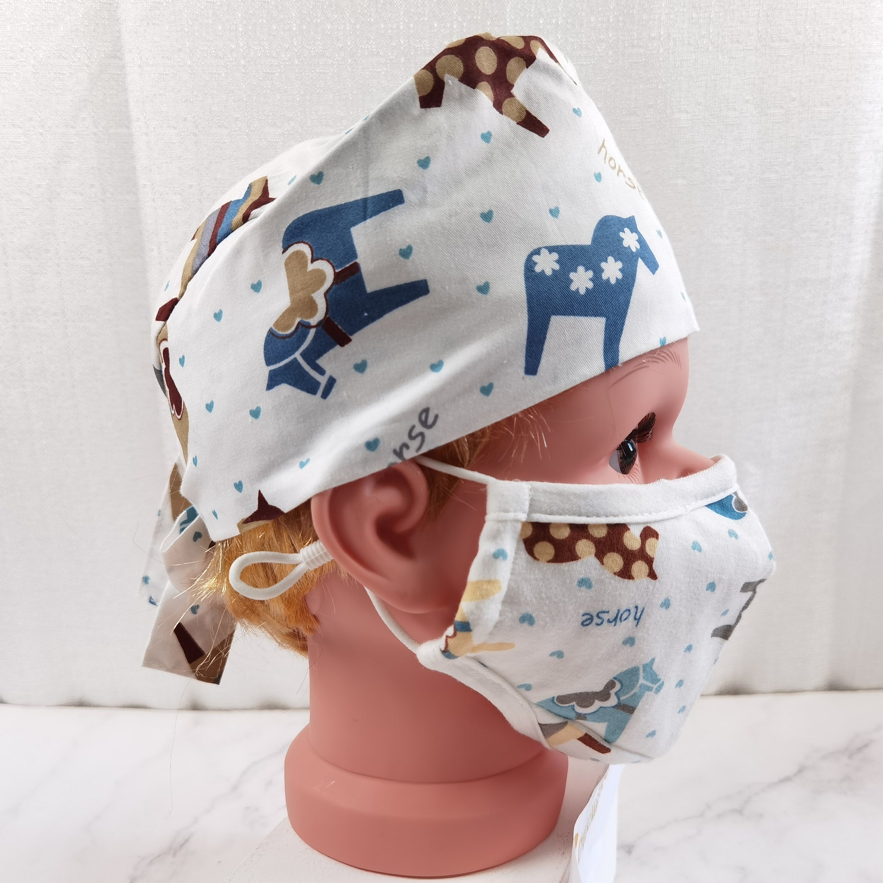 Soft Cotton Scrub Cap For Kids, Heart Horse Patern, Tie-back Style