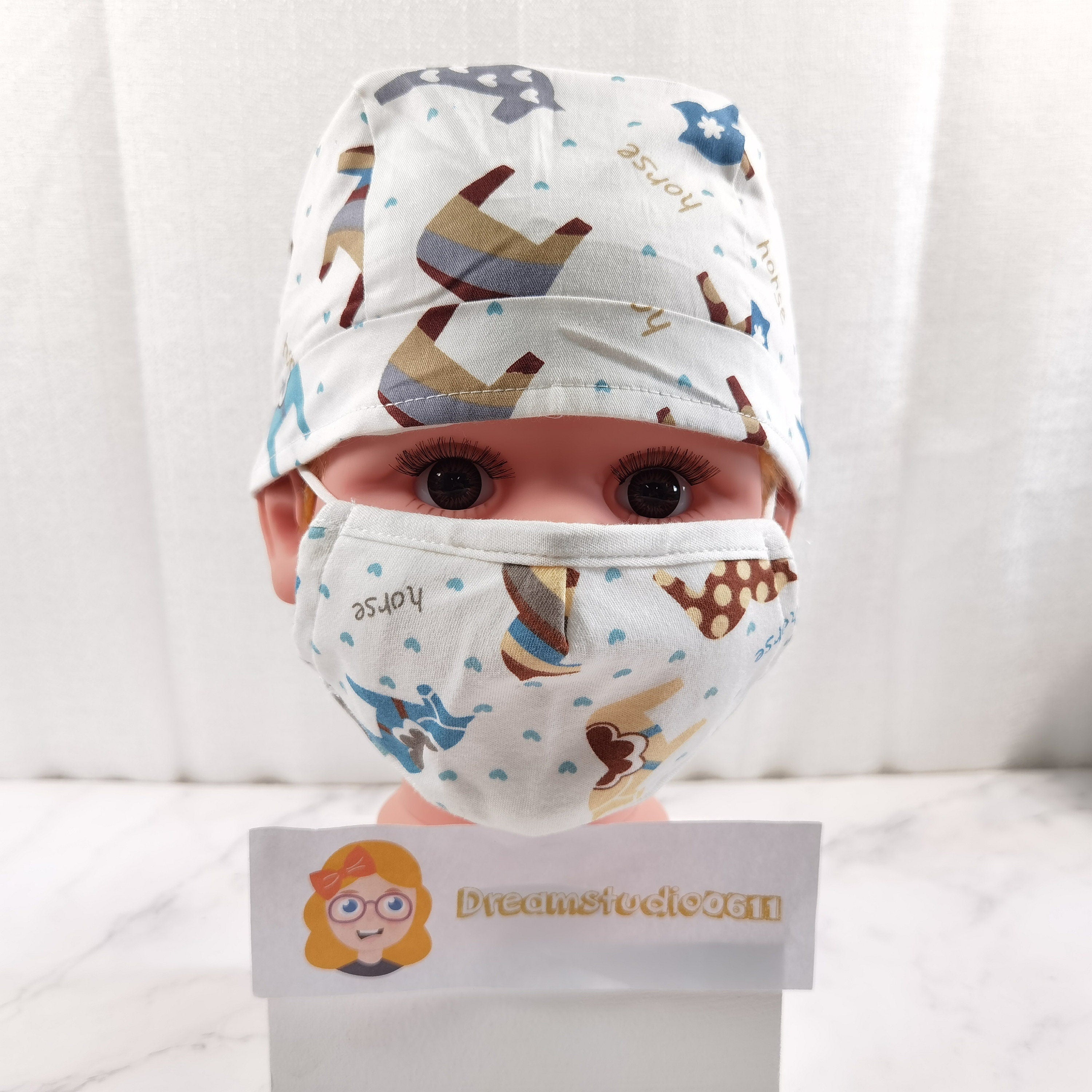 Soft Cotton Scrub Cap For Kids, Heart Horse Patern, Tie-back Style