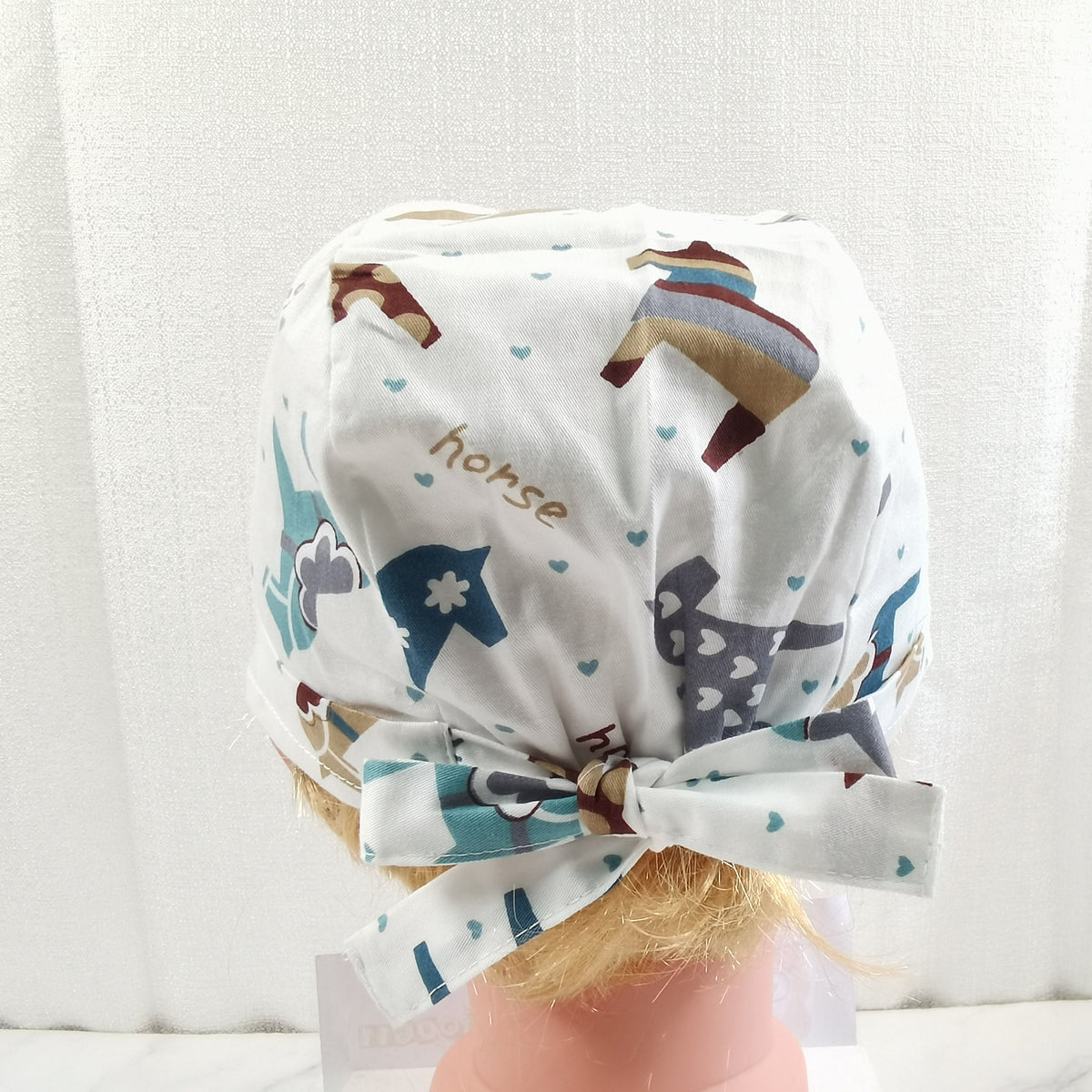 Soft Cotton Scrub Cap For Kids, Heart Horse Patern, Tie-back Style