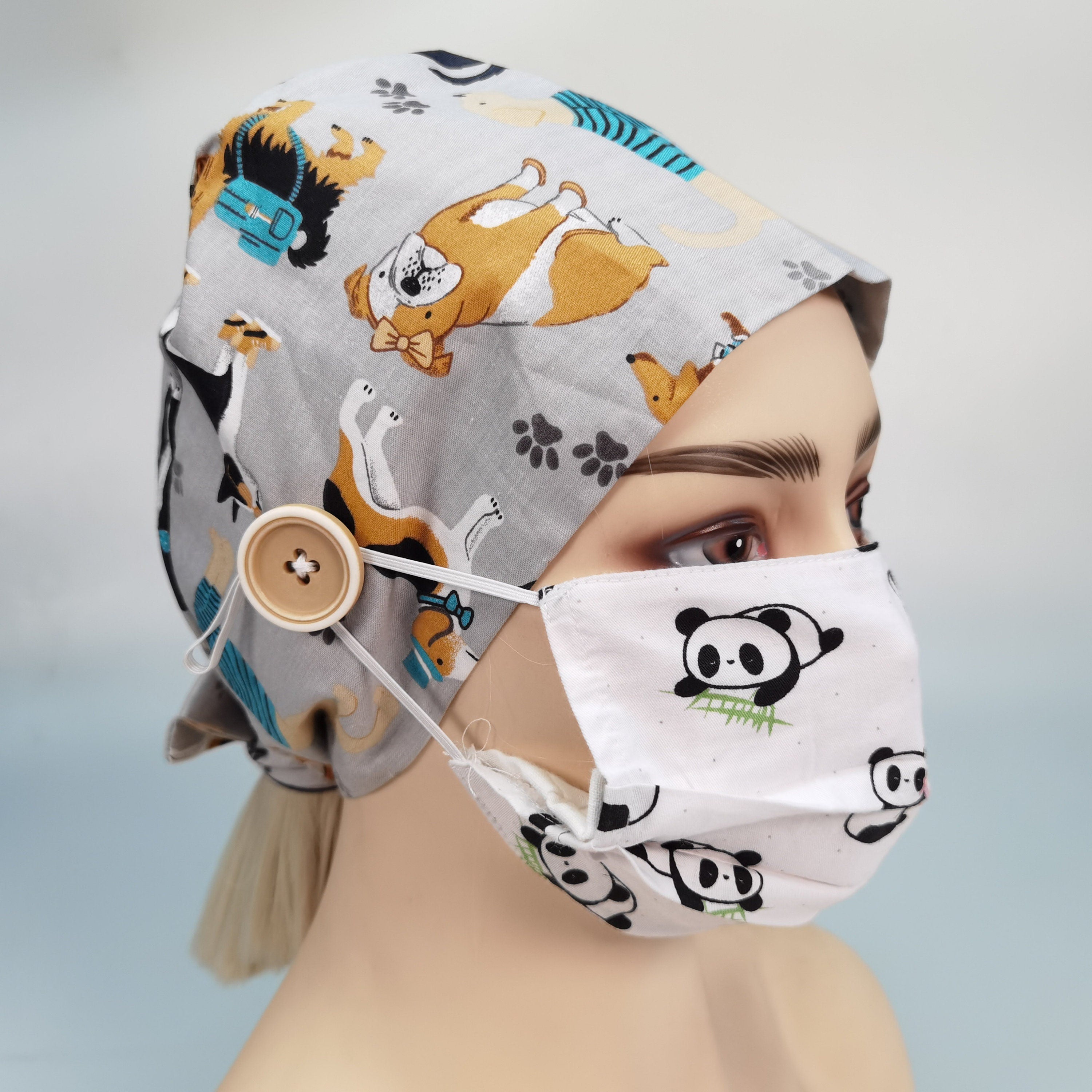 Puppy on Gray Cotton Scrub Cap - Tie Back Style