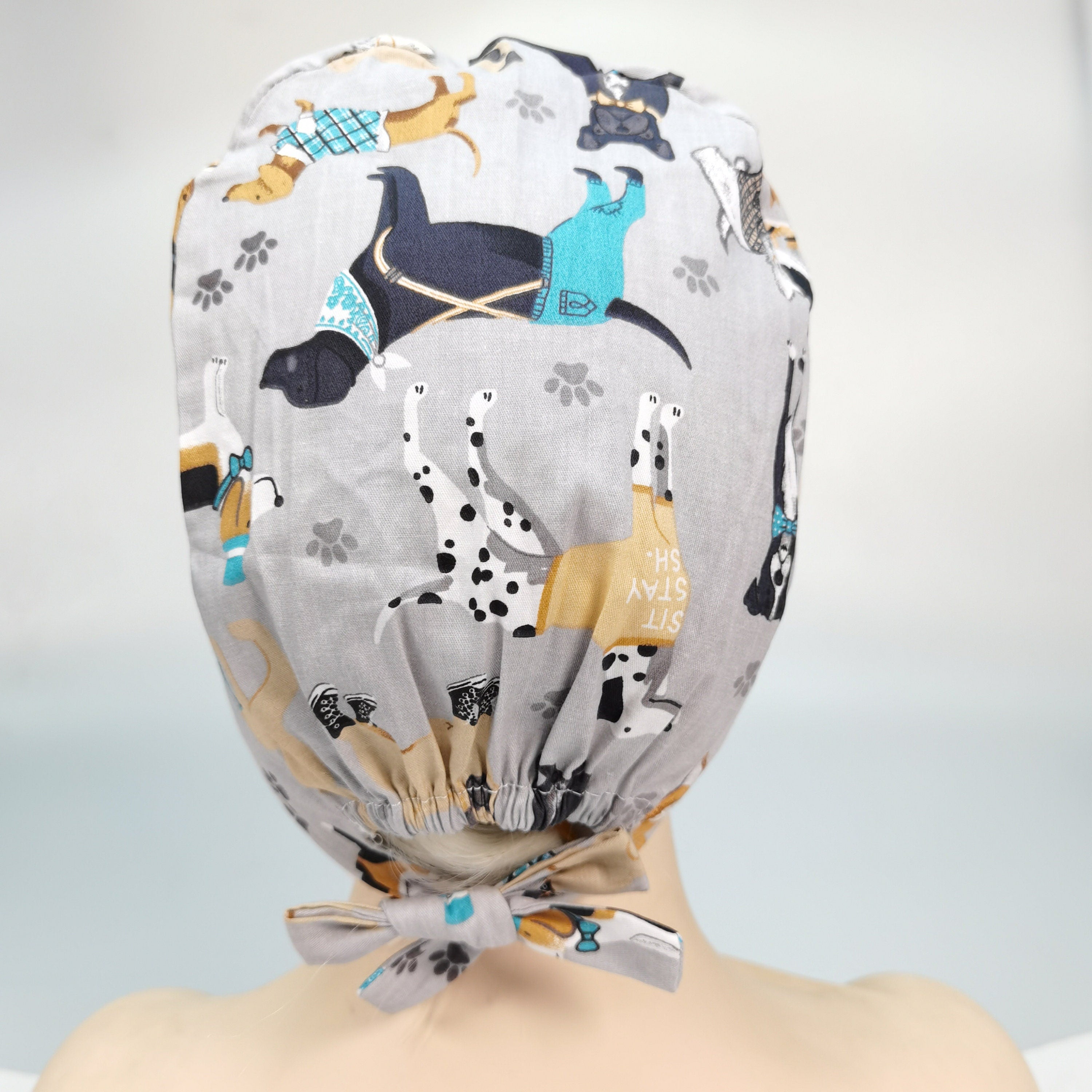 Puppy on Gray Cotton Scrub Cap - Tie Back Style