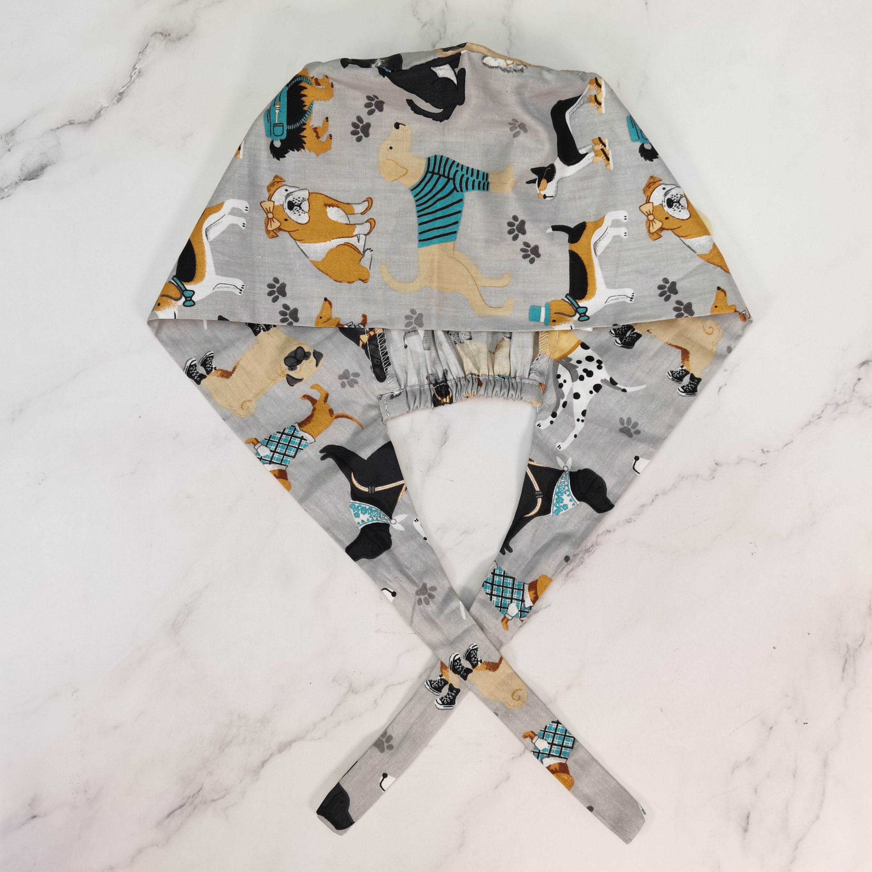 Puppy on Gray Cotton Scrub Cap - Tie Back Style