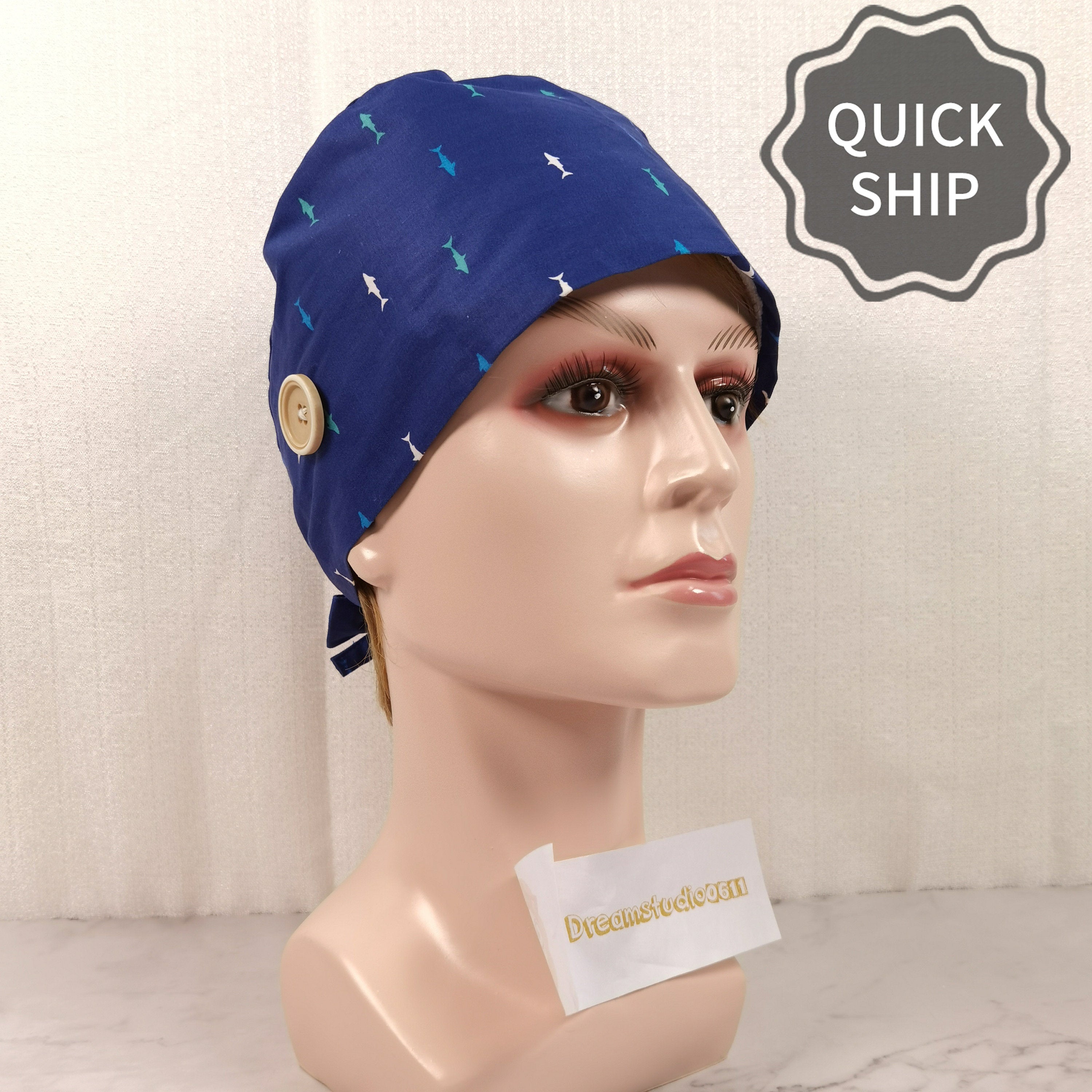 Navy Fish Pattern Scrub Cap - Tie-back Style OR Hat