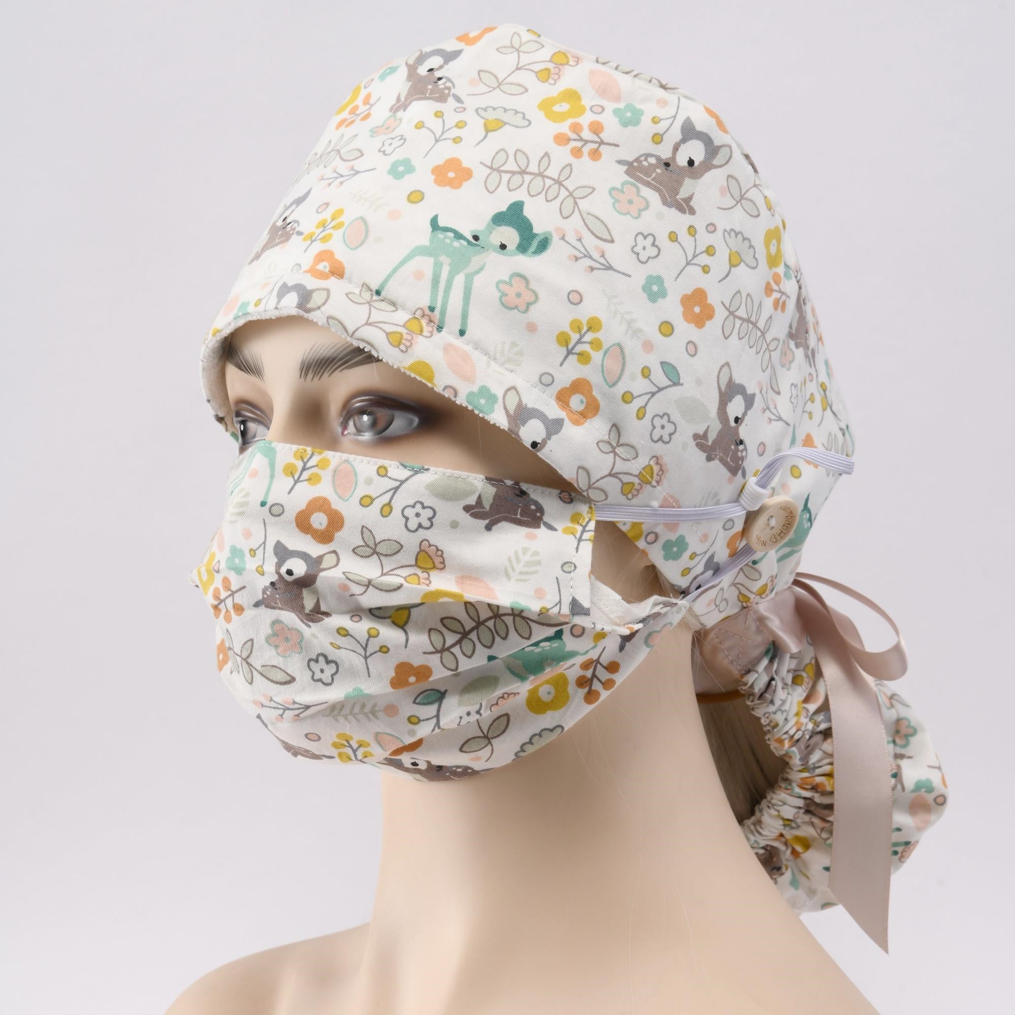 Cute Animal Print White Ponytail Surgical Scrub Cap