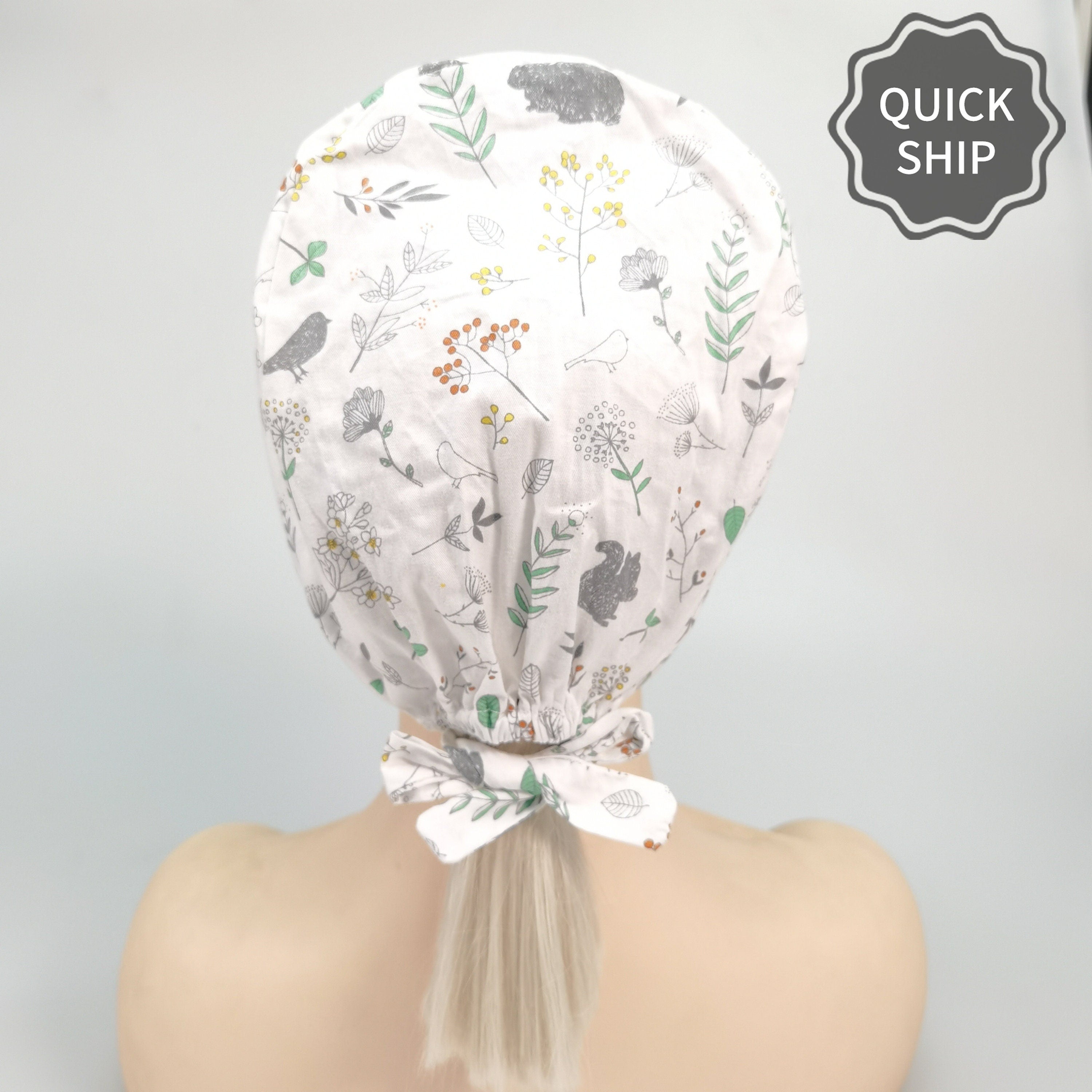 Wildflowers Birds Squirrel Print Scrub Cap, White Cotton Tie-back Style Nurse Cap