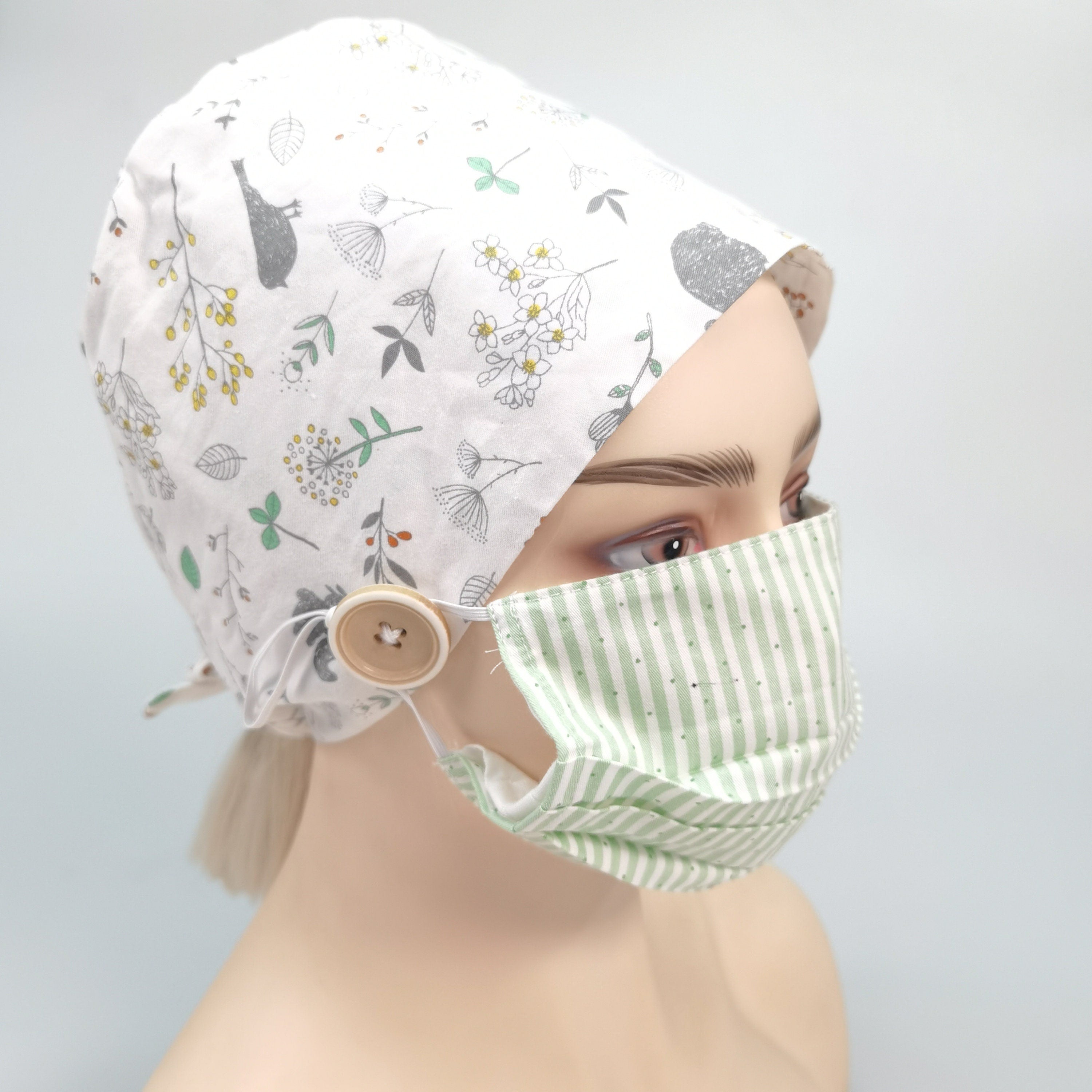 Wildflowers Birds Squirrel Print Scrub Cap, White Cotton Tie-back Style Nurse Cap