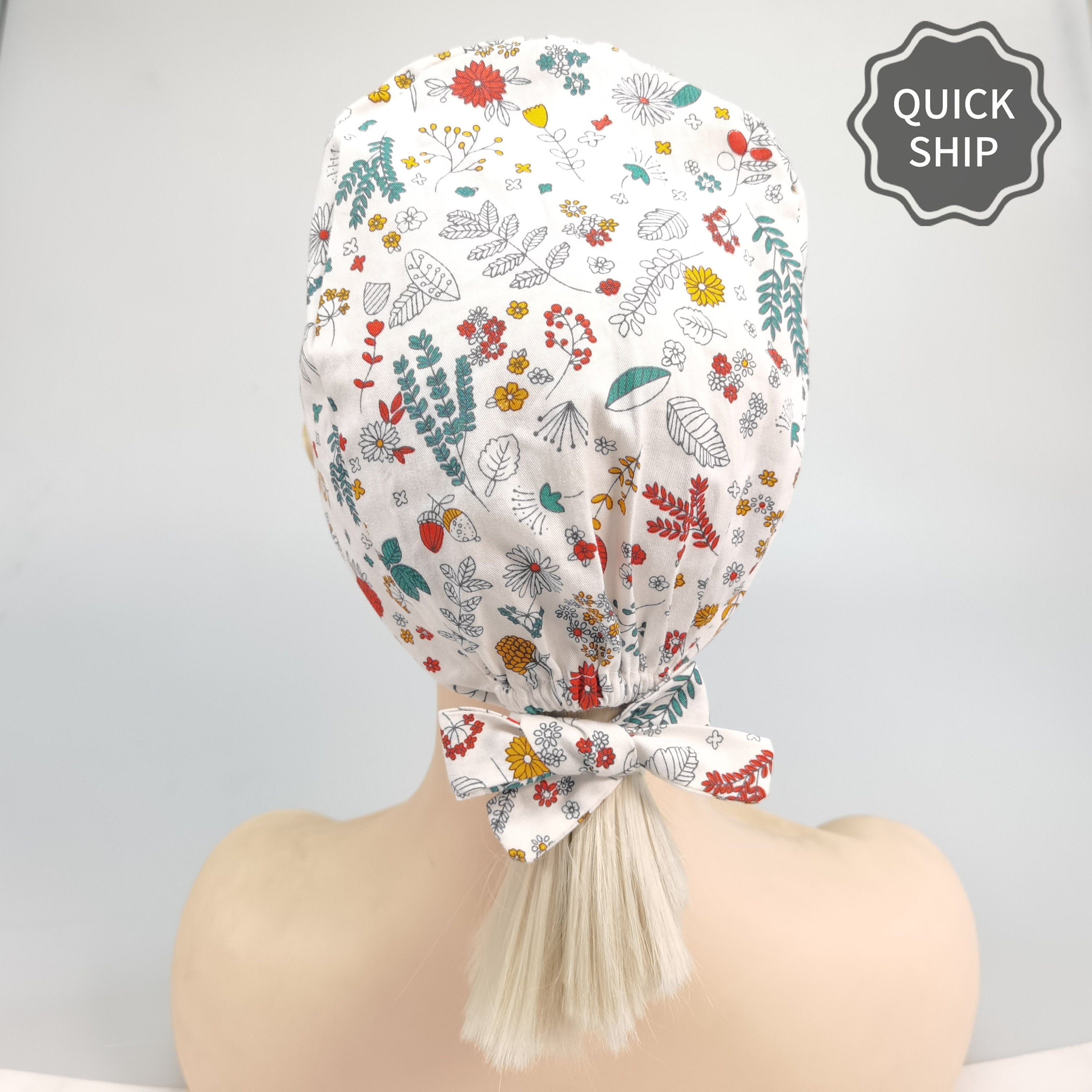 Red Floral Cotton Scrub Cap -Tie Back Style