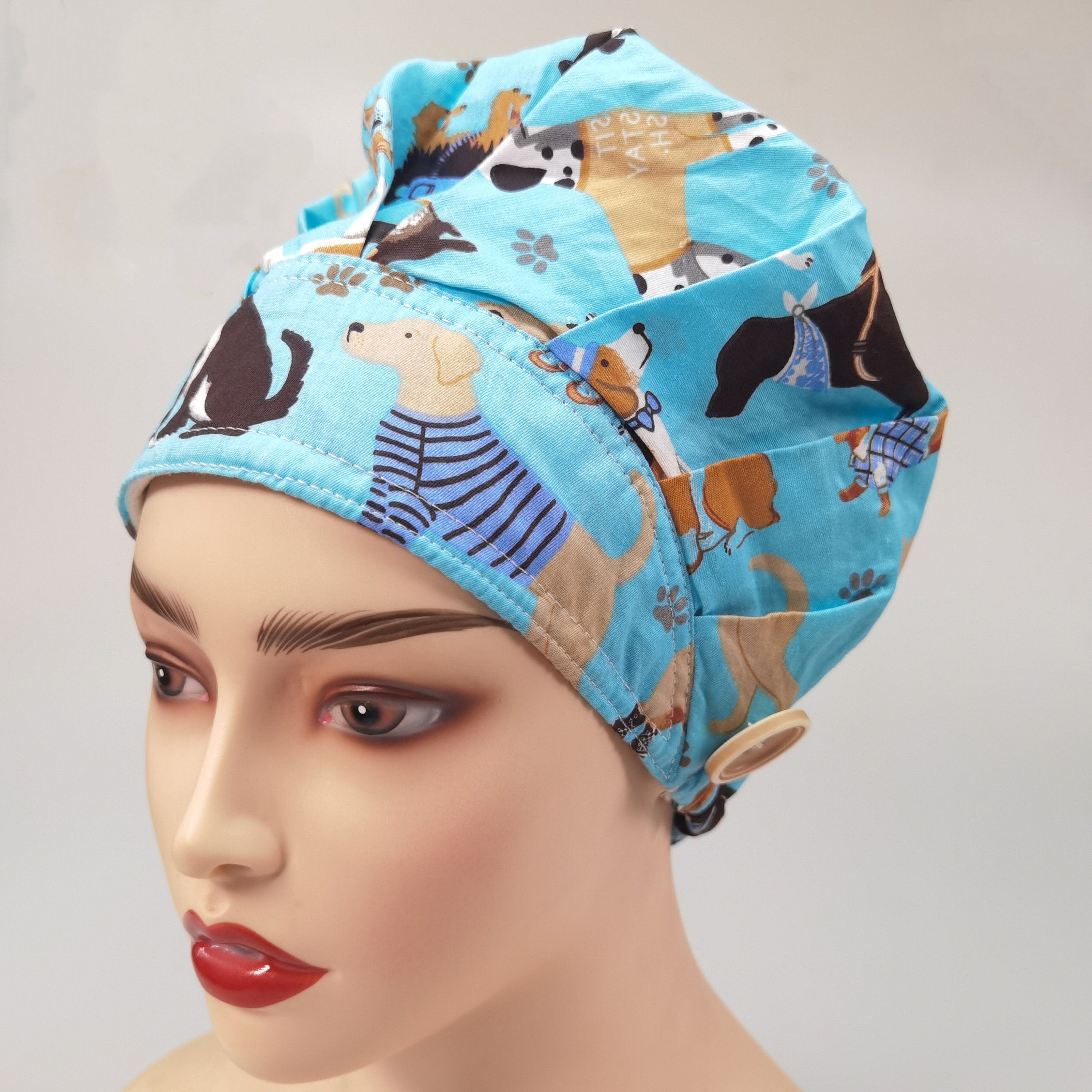 Blue Doggy Cotton Bouffant Scrub Cap