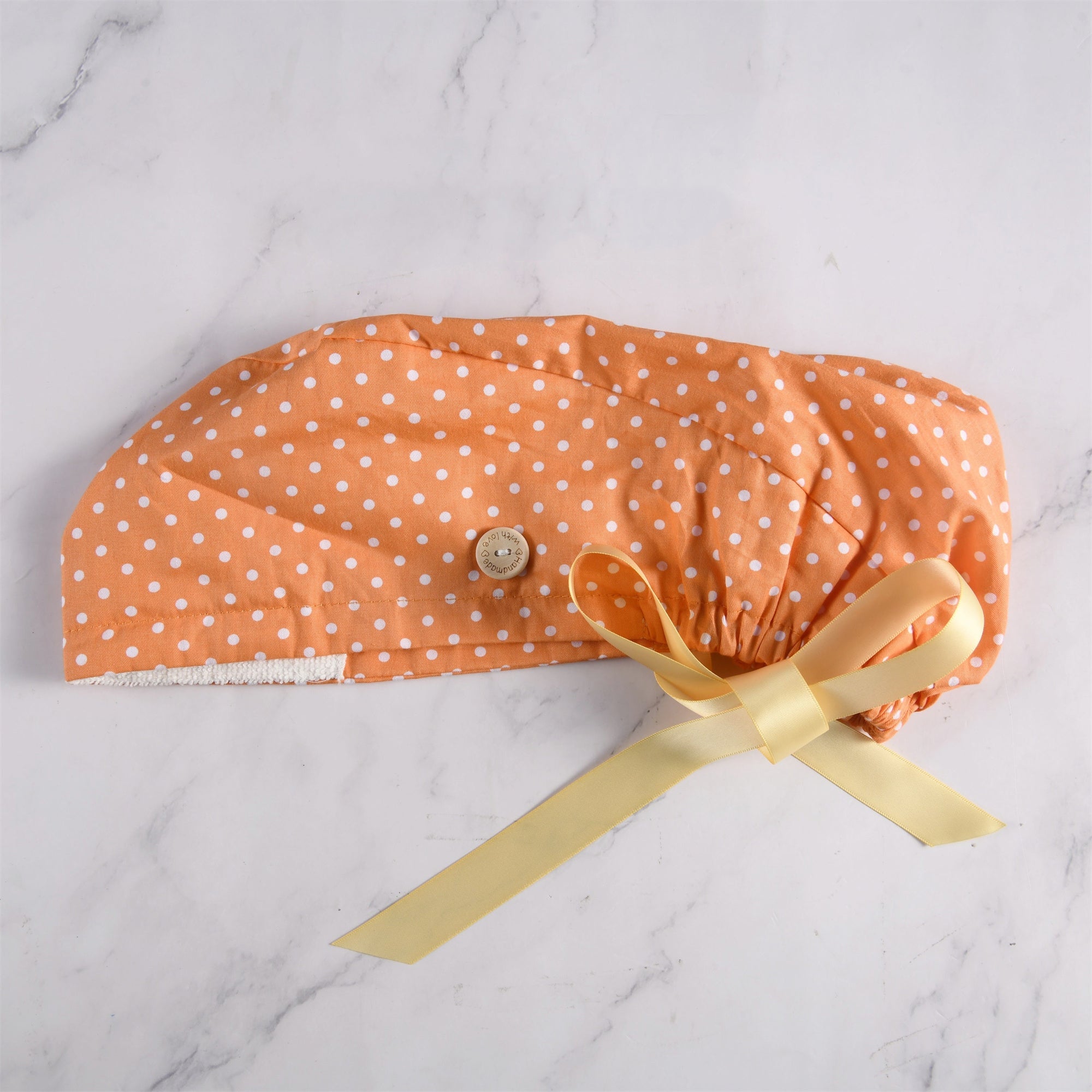 Women's Ponytail Surgical Srub Cap,White Polta on Orange Cotton