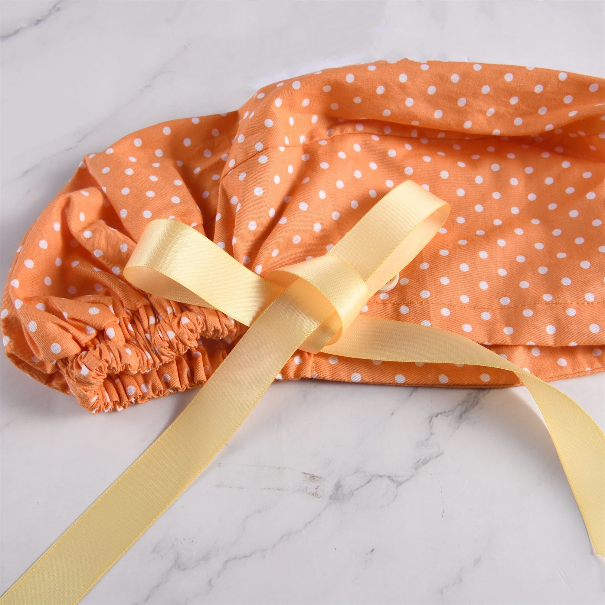 Women's Ponytail Surgical Srub Cap,White Polta on Orange Cotton