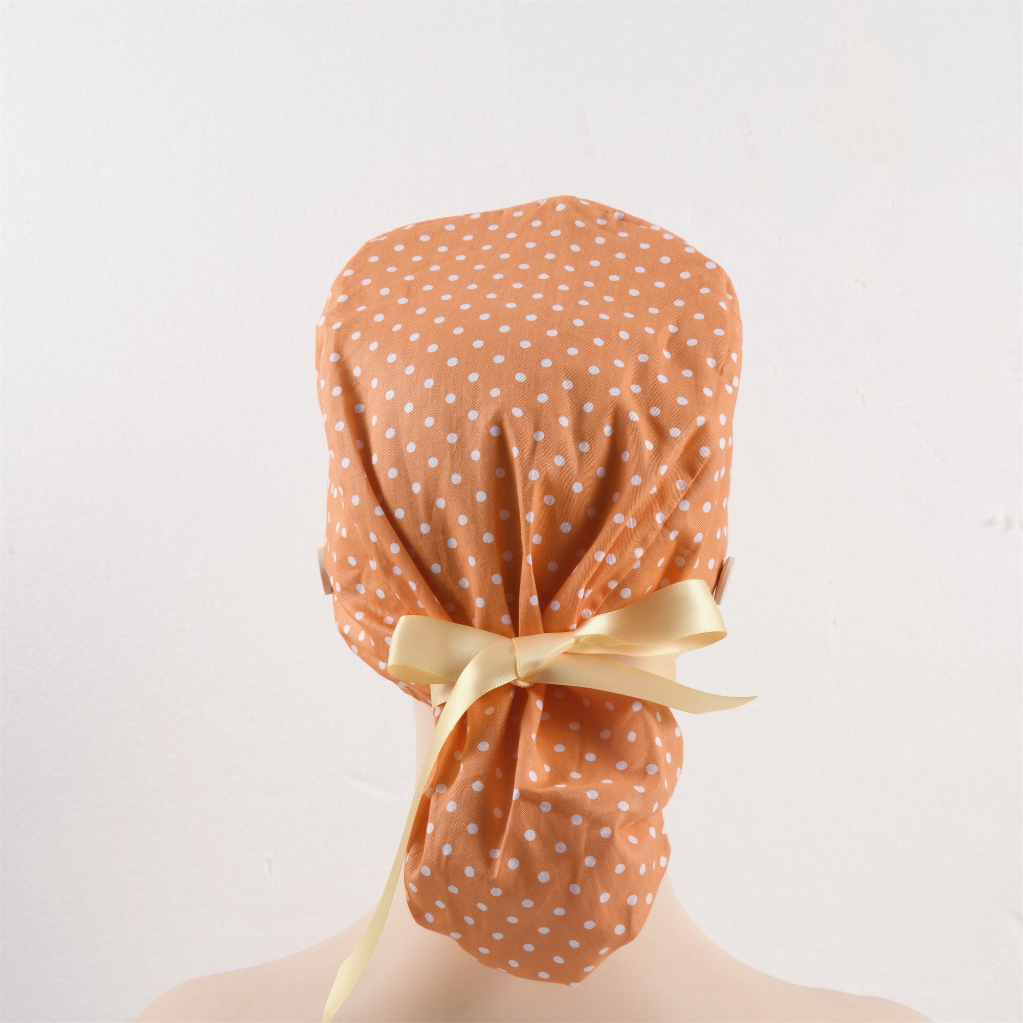 Women's Ponytail Surgical Srub Cap,White Polta on Orange Cotton