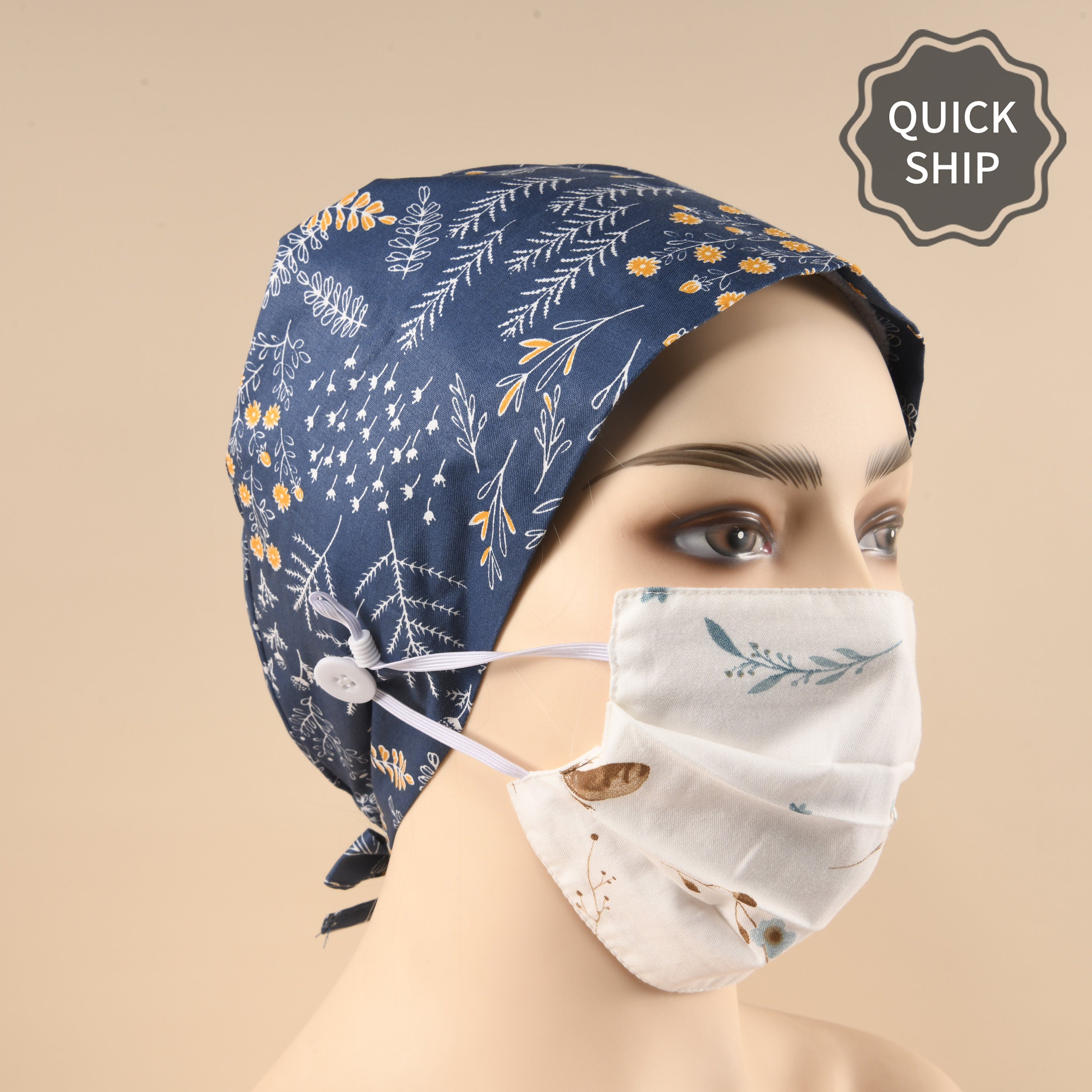 Plants on Navy Scrub Cap - Tie Back Style