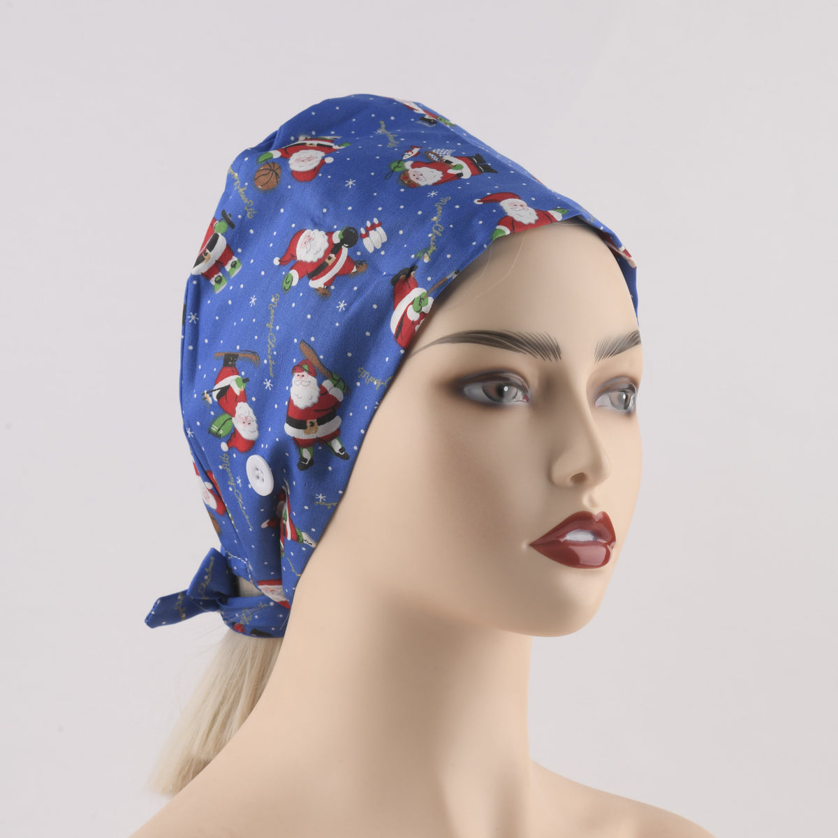 Blue Santa Print Cotton Scrub Cap, Winter Tie-back Style Surgical Hat