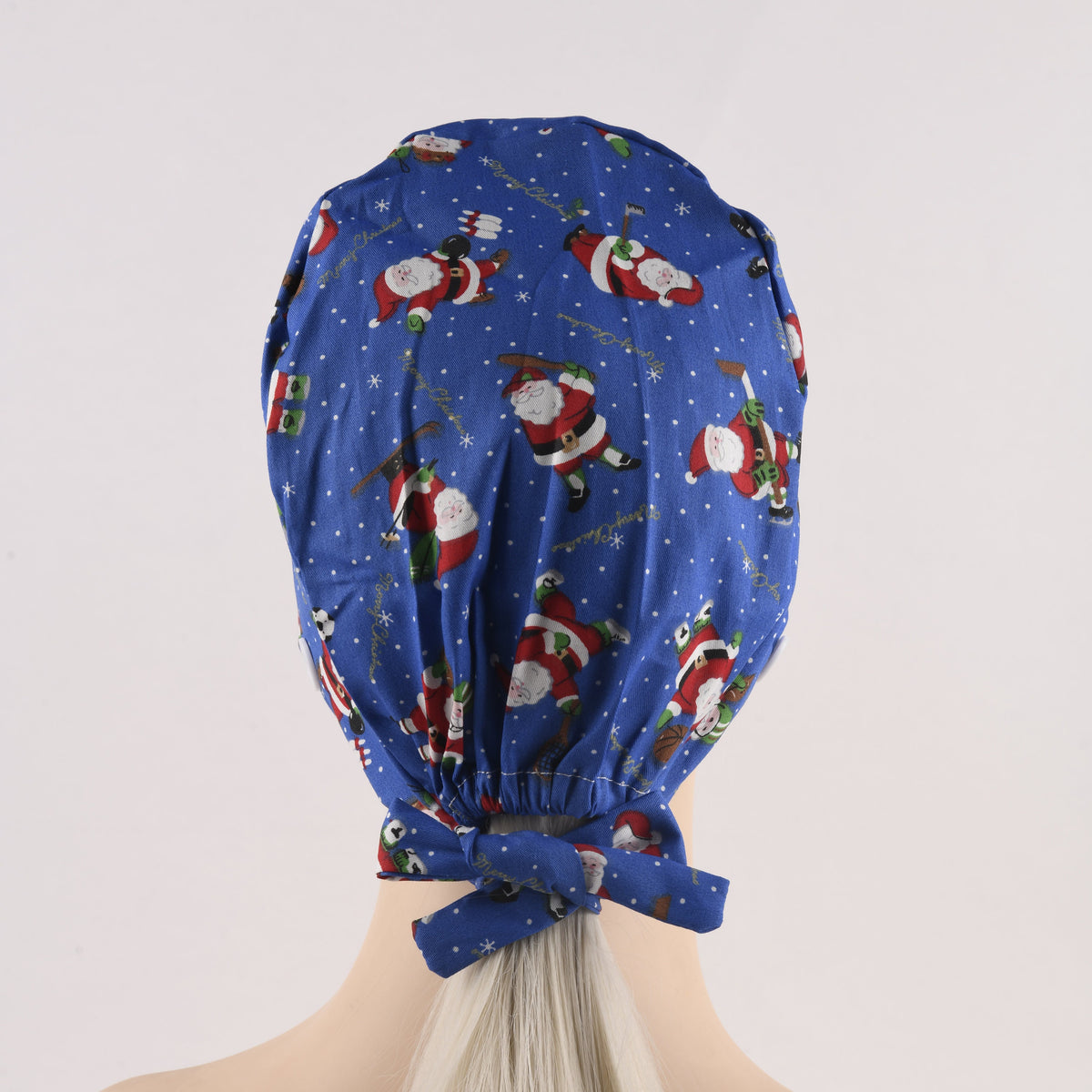 Blue Santa Print Cotton Scrub Cap, Winter Tie-back Style Surgical Hat