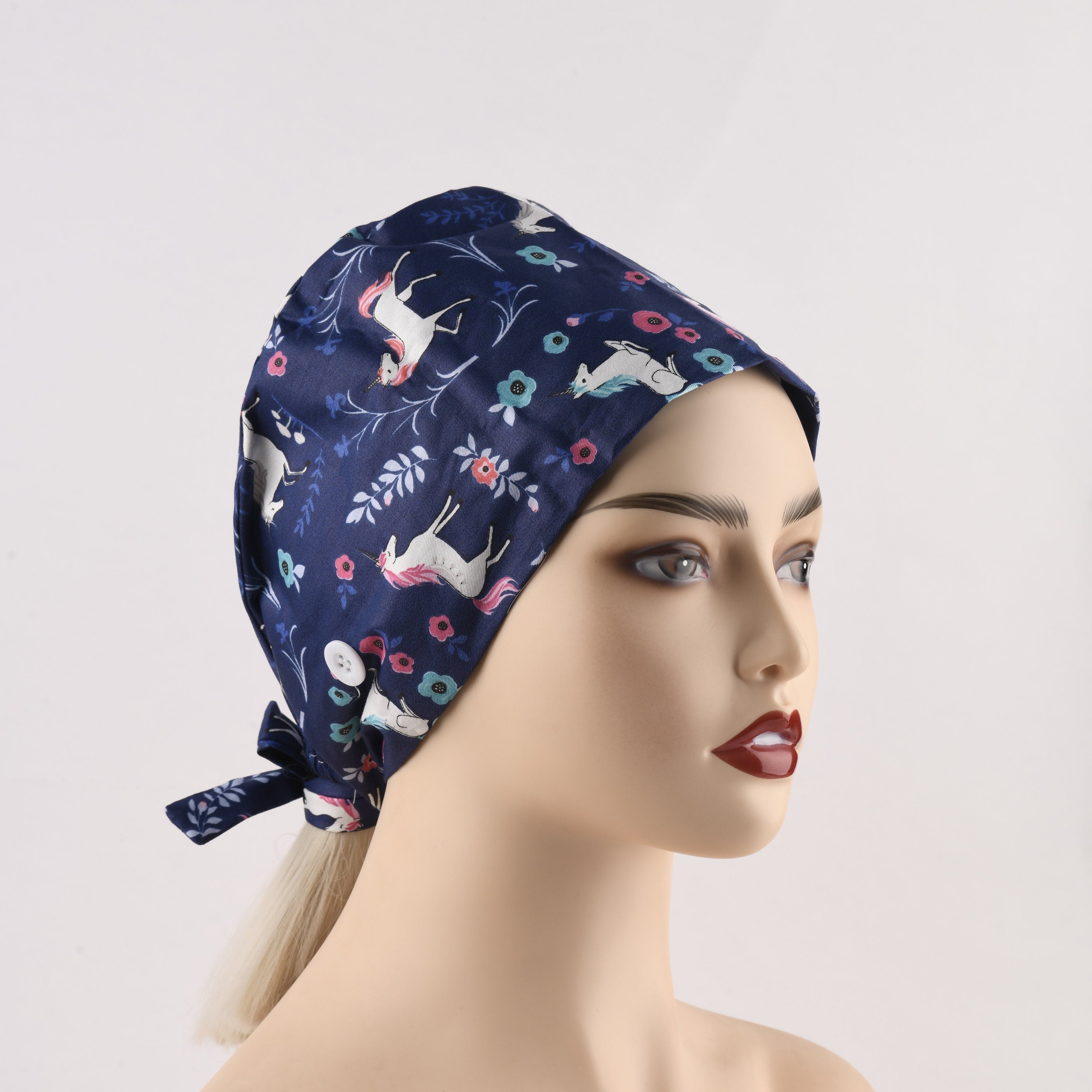 Navy Unicorn Scrub Cap - Tie Back Style
