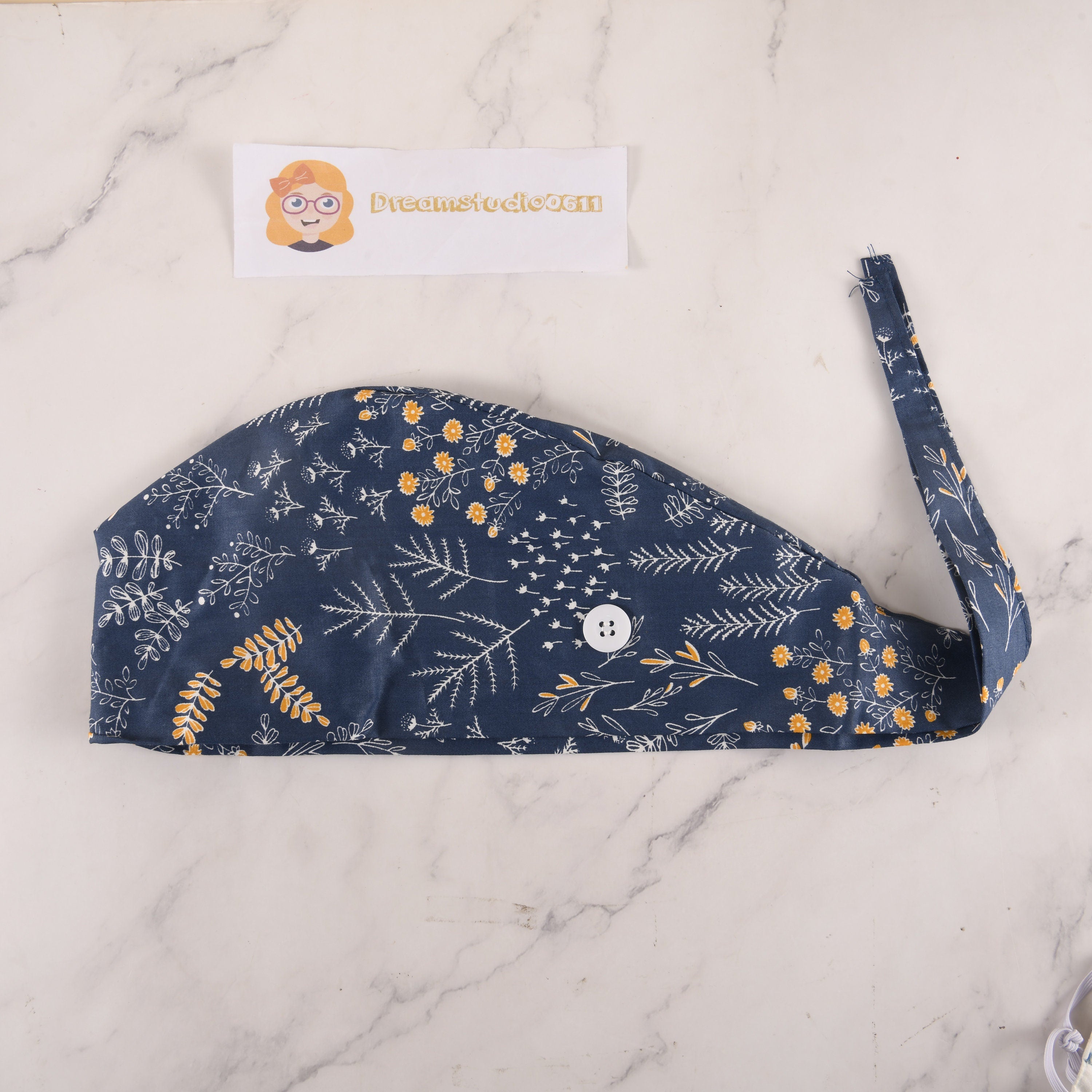 Plants on Navy Scrub Cap - Tie Back Style