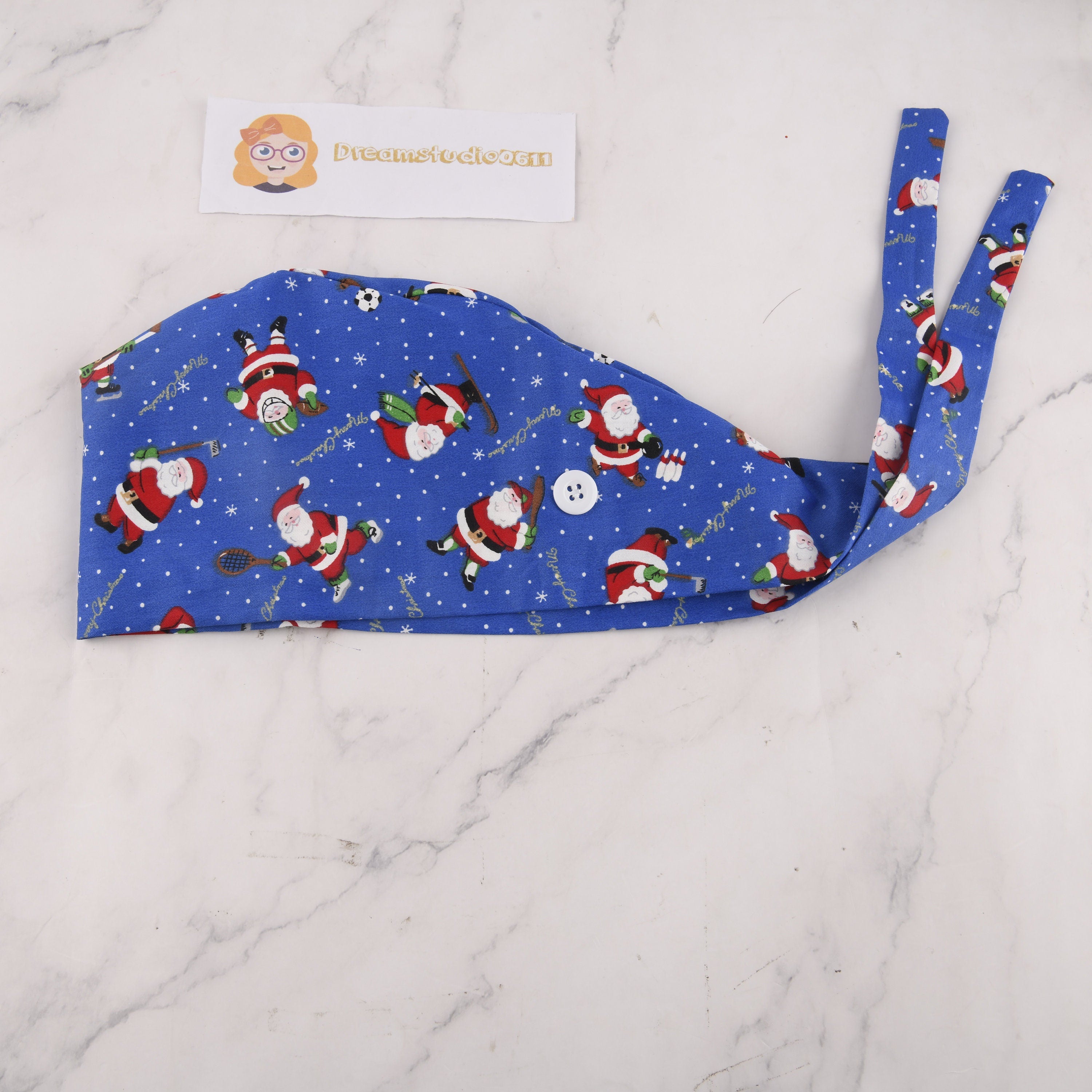 Blue Santa Print Cotton Scrub Cap, Winter Tie-back Style Surgical Hat