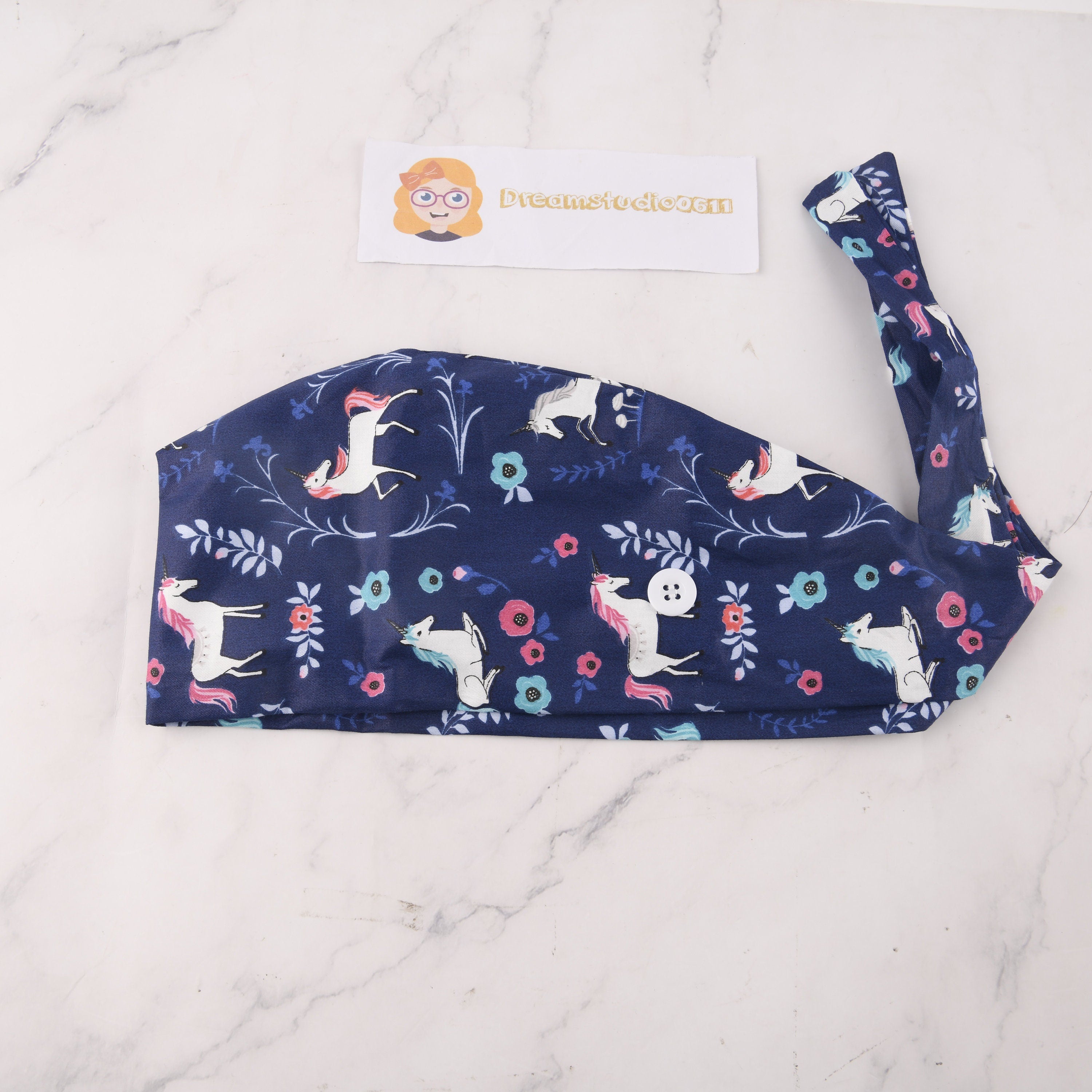 Navy Unicorn Scrub Cap - Tie Back Style